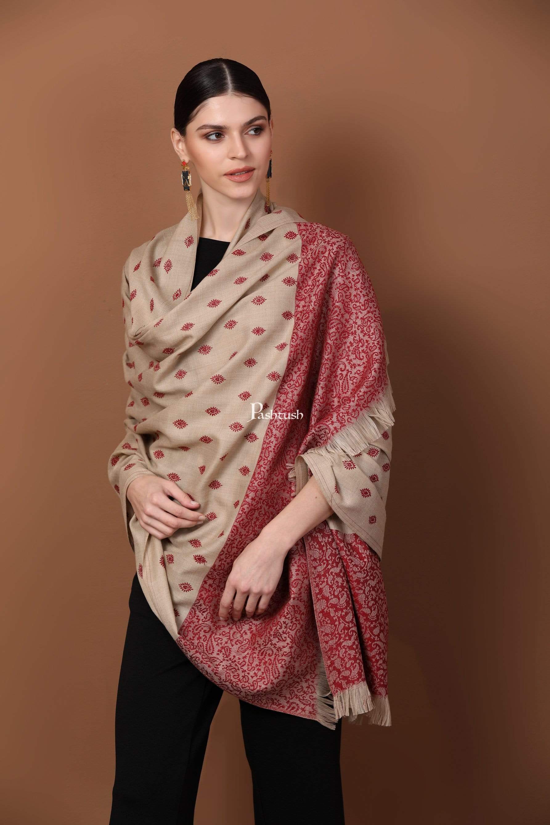 Pashtush Store Shawl Pashtush Womens Kashmiri Embroidery Shawl, Light Weight and Warm, Beige and Merlot