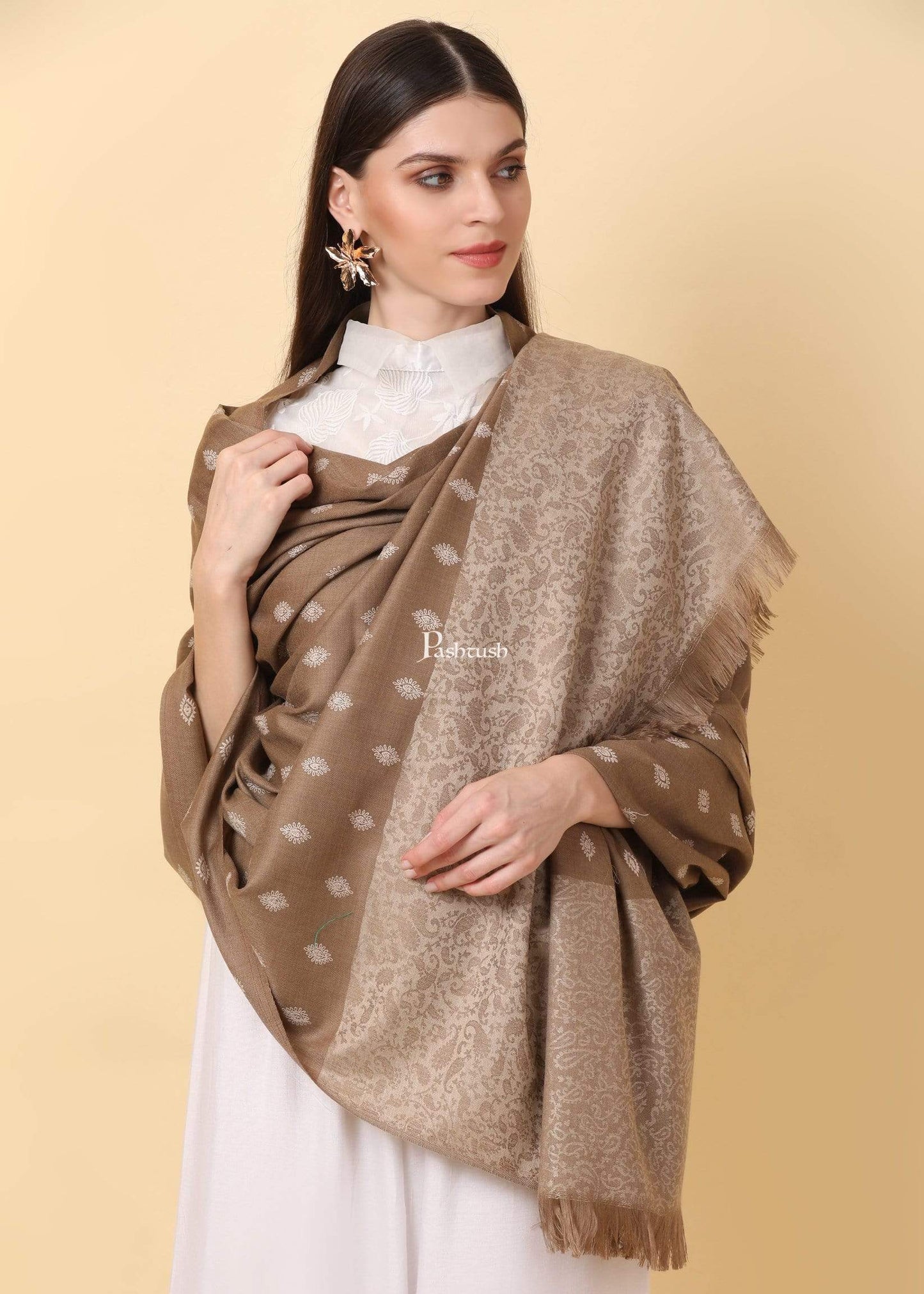 Pashtush India 100x200 Pashtush Womens Kashmiri Embroidery Shawl, Light Weight and Warm, Black and beige