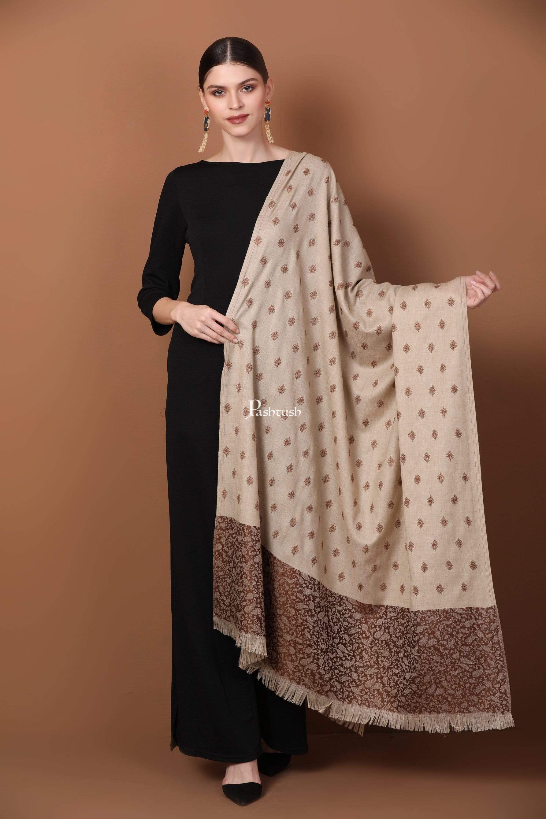 Pashtush Store Shawl Pashtush Womens Kashmiri Embroidery Shawl, Light Weight and Warm, Espresso and Beige