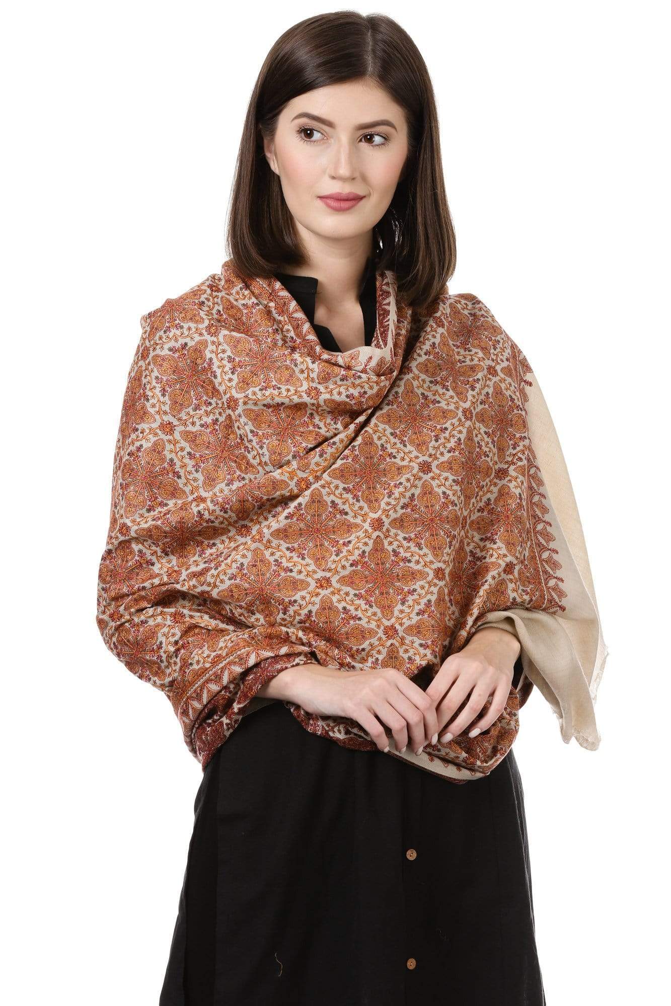 Pashtush India 100x200 Pashtush Womens Kashmiri Embroidery Shawl, Sozni Embroidery, Intricate Needlework