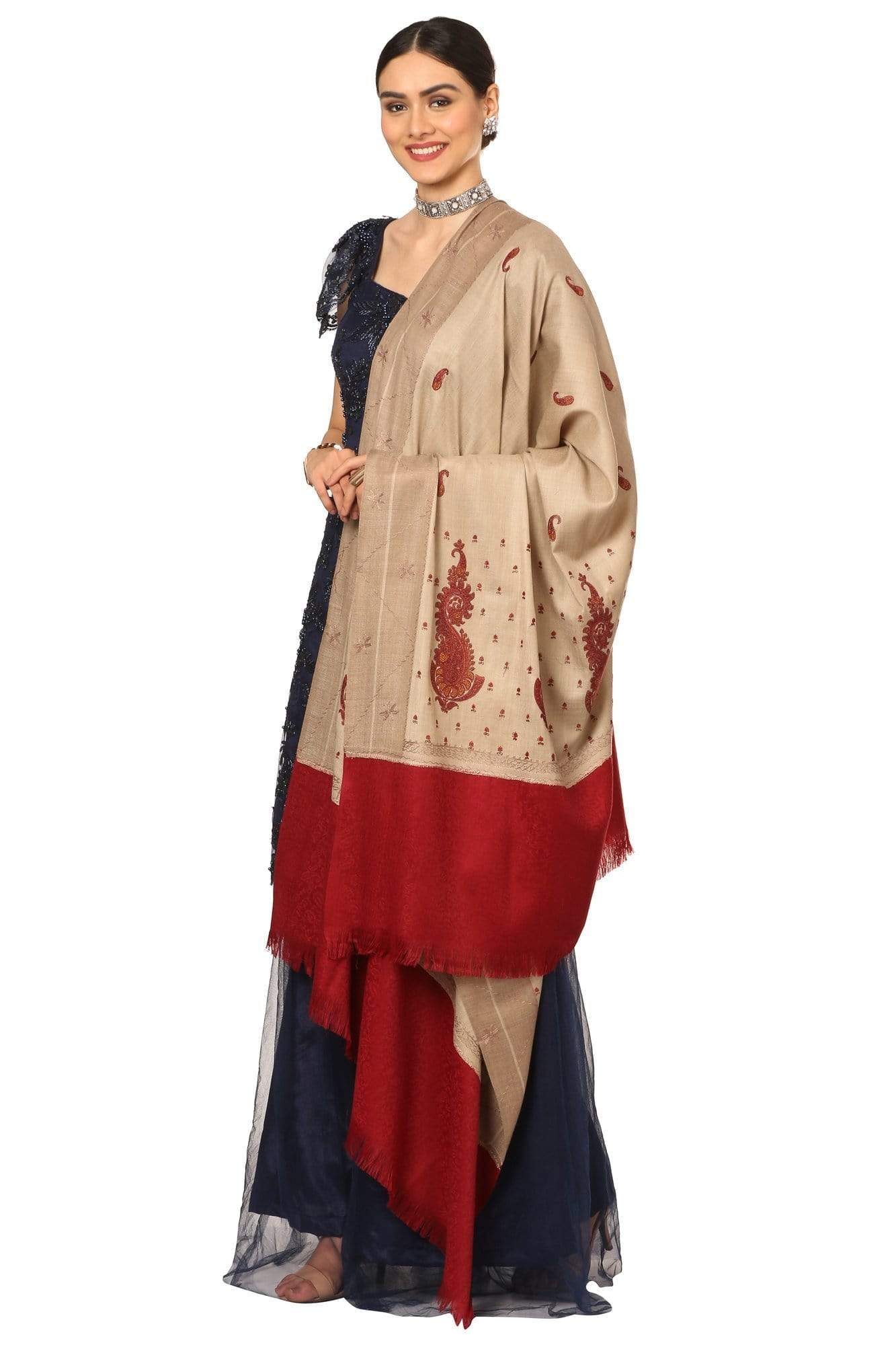 Pashtush India Shawl Pashtush Womens, Kashmiri Embroidery Shawl with Palla Deisgn, Bridal Soft Wool Collection - Multi-Coloured