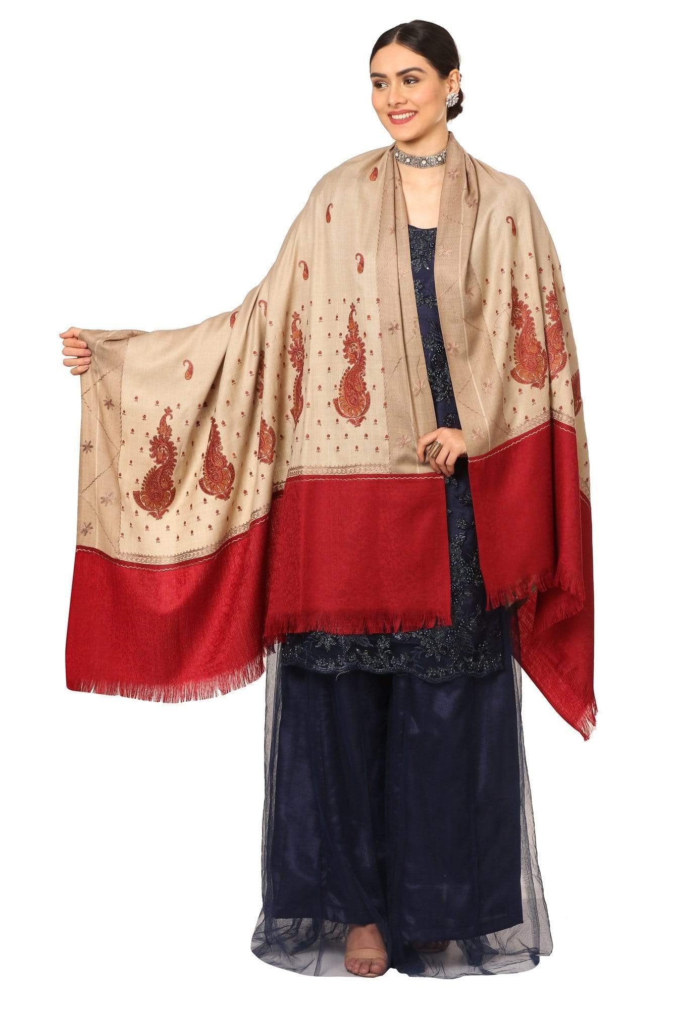 Pashtush India Shawl Pashtush Womens, Kashmiri Embroidery Shawl with Palla Deisgn, Bridal Soft Wool Collection - Multi-Coloured