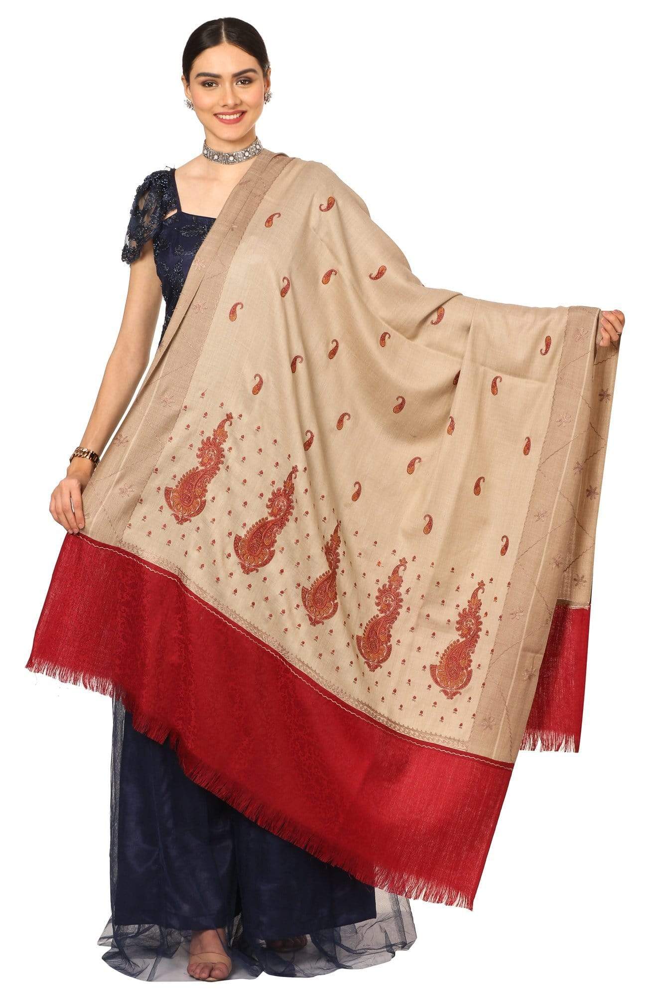 Pashtush India Shawl Pashtush Womens, Kashmiri Embroidery Shawl with Palla Deisgn, Bridal Soft Wool Collection - Multi-Coloured