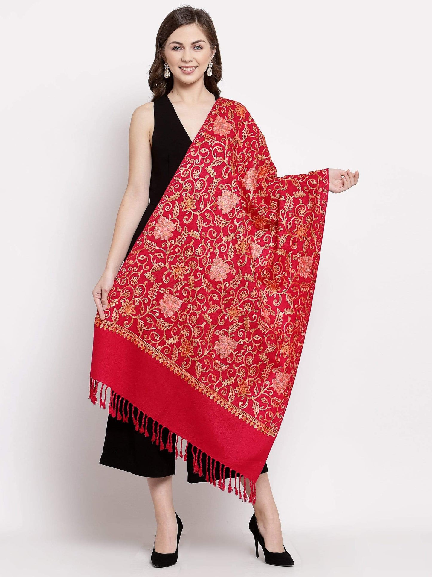 Pashtush India 70x200 Pashtush Womens Kashmiri Embroidery Stole, Aari Work, Fine Wool, Red