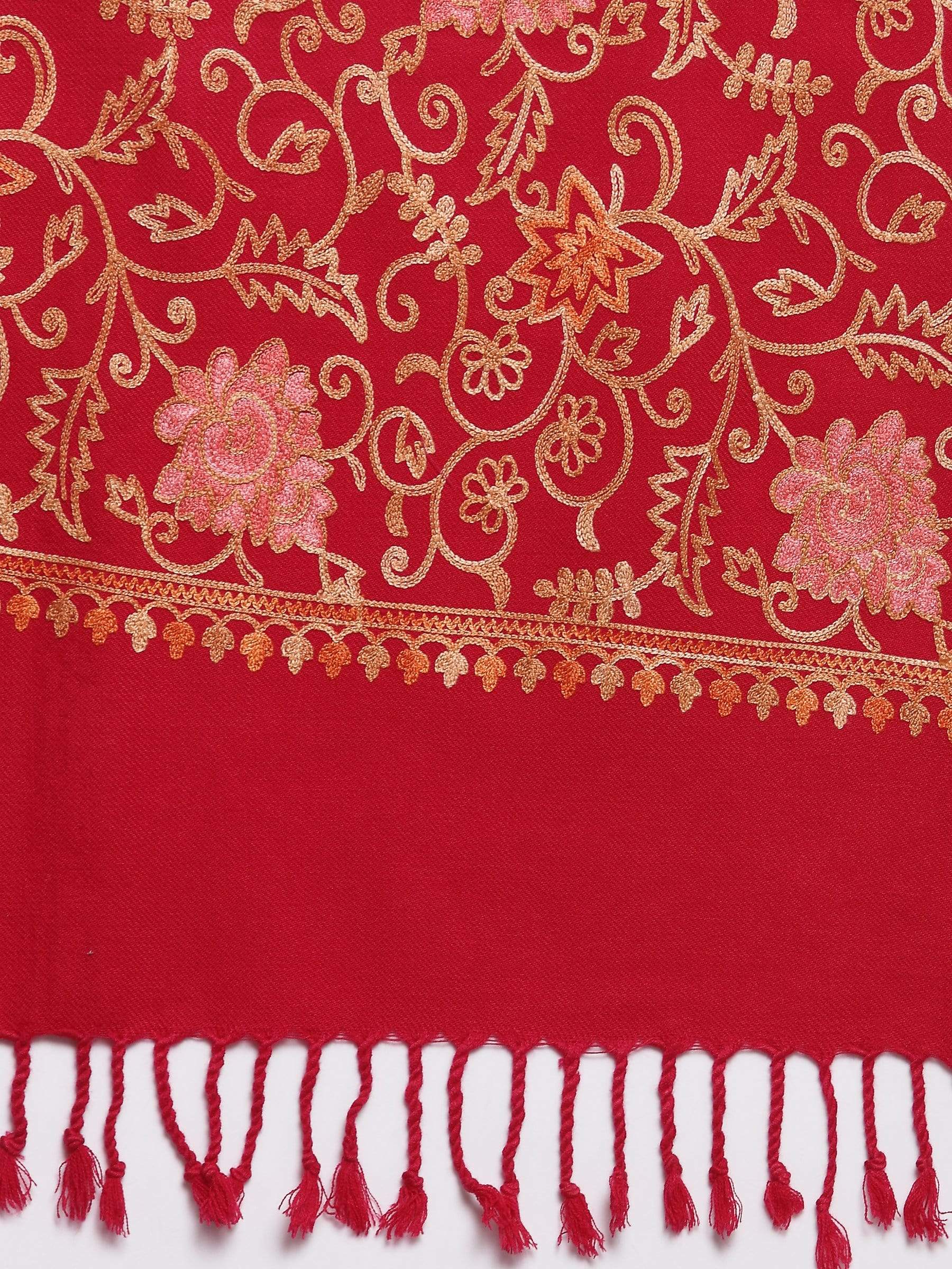 Pashtush India 70x200 Pashtush Womens Kashmiri Embroidery Stole, Aari Work, Fine Wool, Red