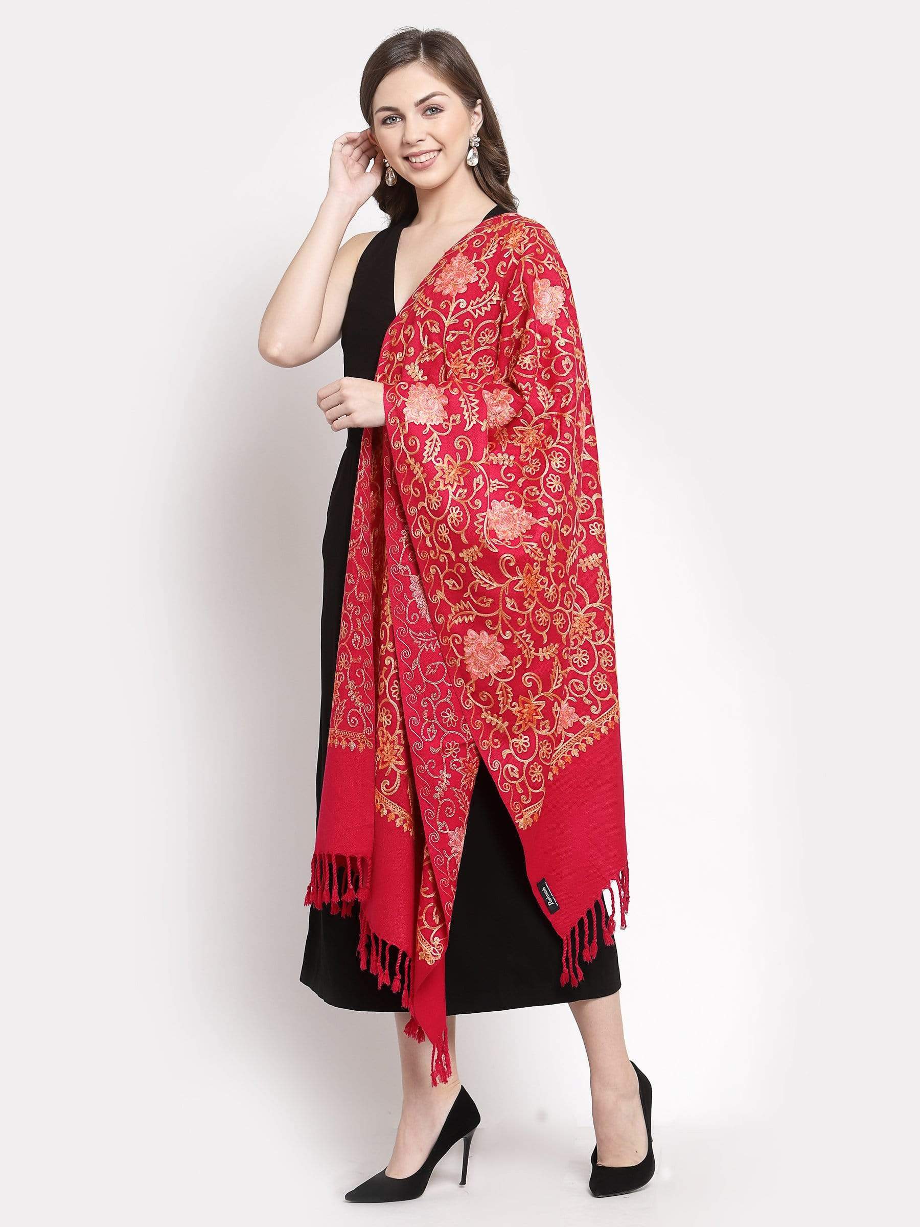 Pashtush India 70x200 Pashtush Womens Kashmiri Embroidery Stole, Aari Work, Fine Wool, Red