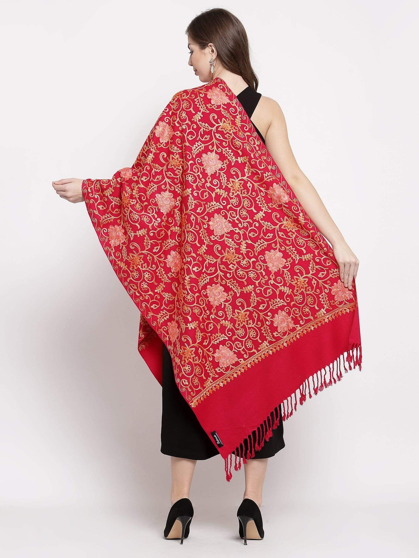 Pashtush India 70x200 Pashtush Womens Kashmiri Embroidery Stole, Aari Work, Fine Wool, Red