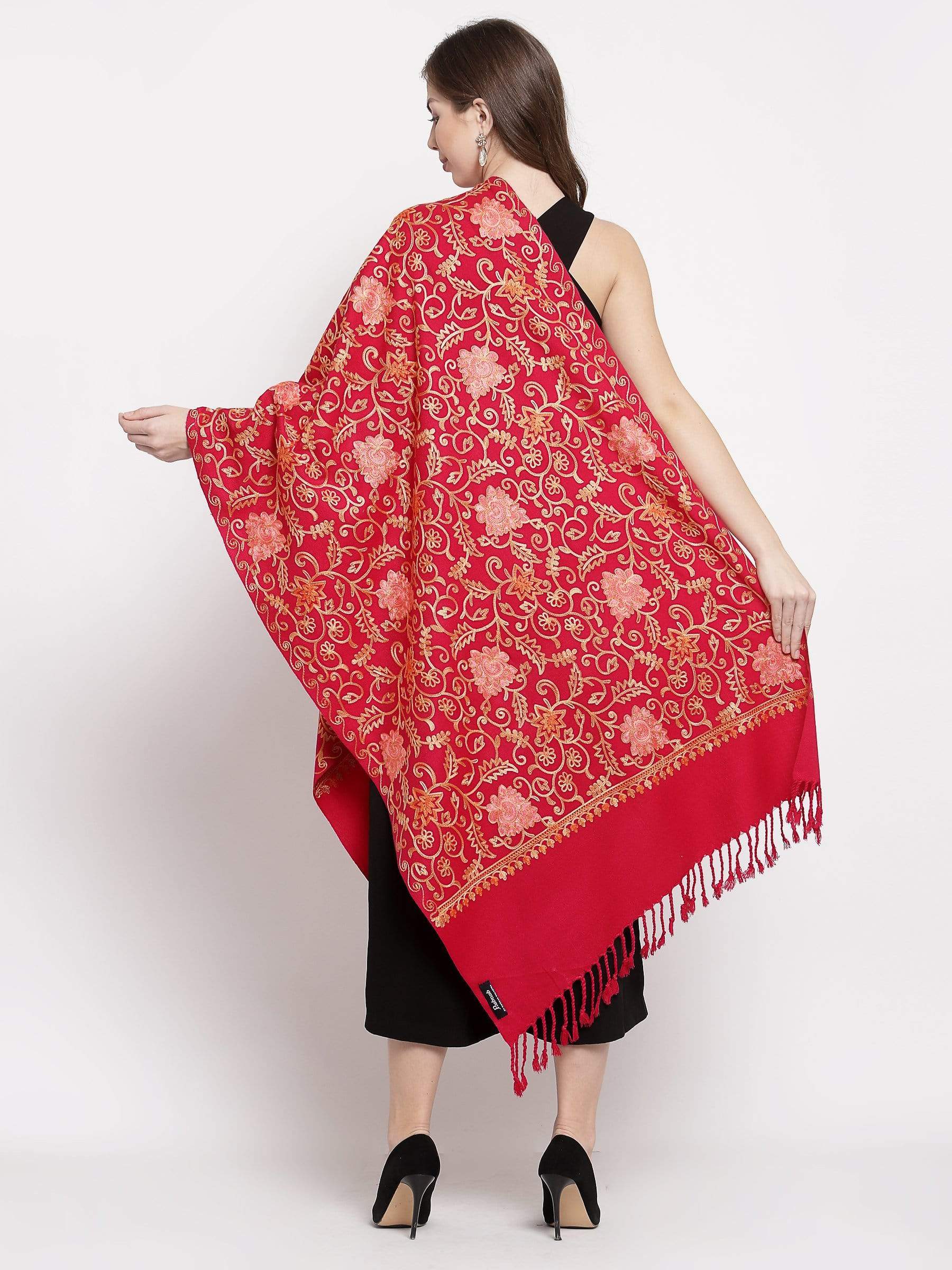 Pashtush India 70x200 Pashtush Womens Kashmiri Embroidery Stole, Aari Work, Fine Wool, Red