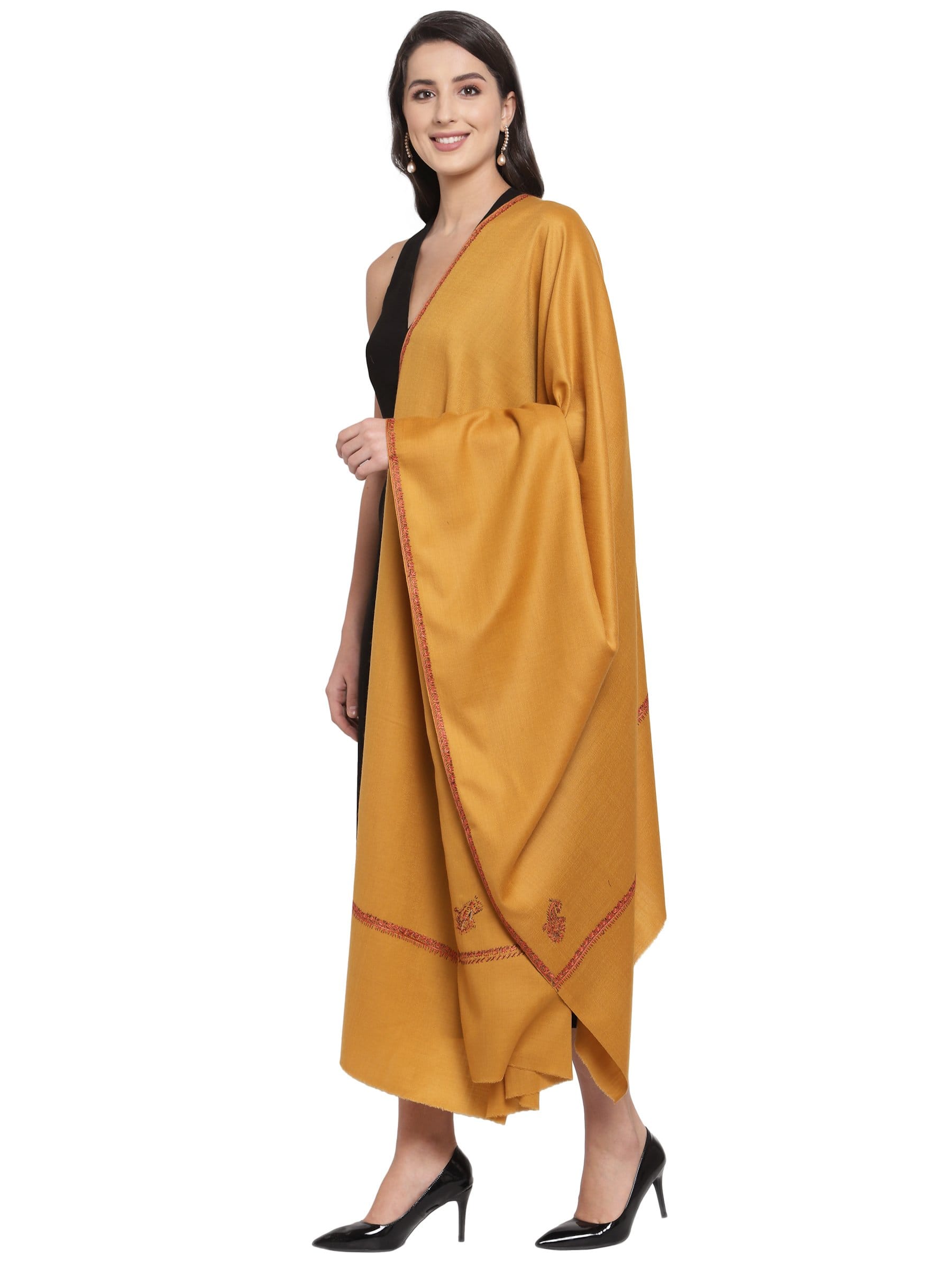 Pashtush India 100x200 Pashtush Womens Kashmiri Hand Embroidered Shawl, Mustard