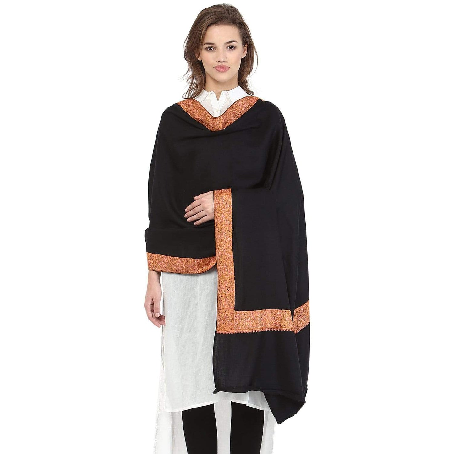 Pashtush India 100x200 Pashtush Womens Kashmiri Hand Embroidery Shawl, 100% Pure Wool Shawls, Black