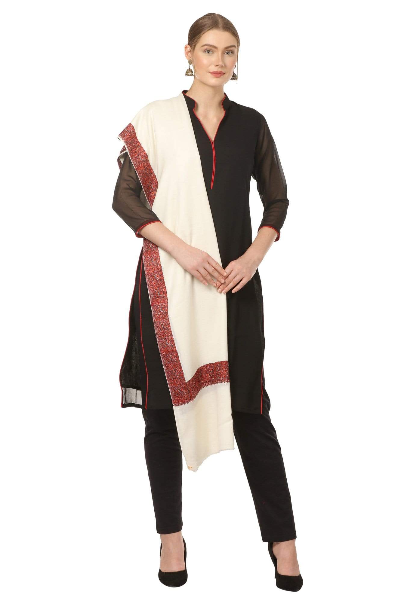 Pashtush India Shawl Pashtush Womens Kashmiri Hand Embroidery Shawl, 100% Pure Wool Shawls, Ivory