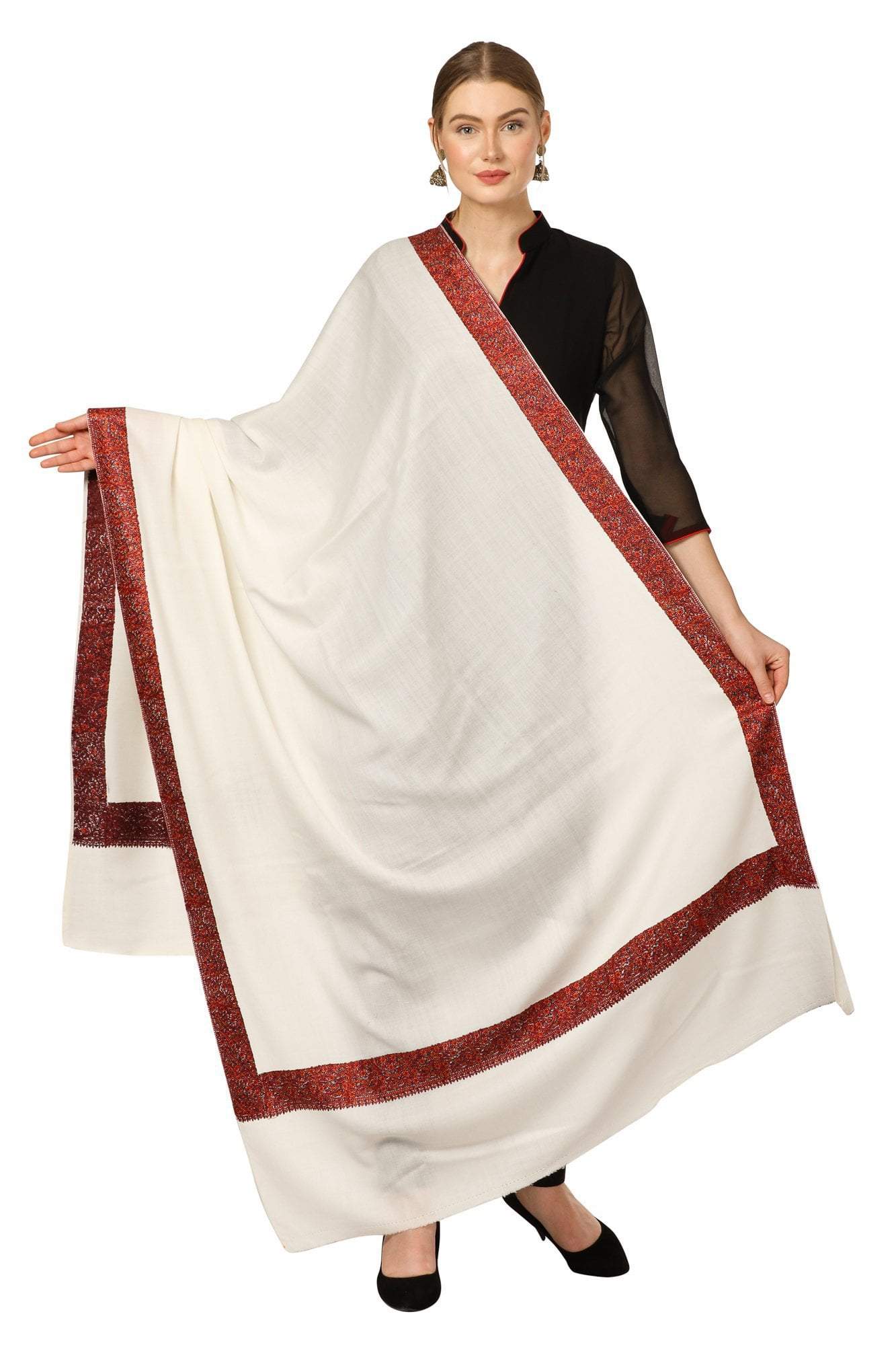 Pashtush India Shawl Pashtush Womens Kashmiri Hand Embroidery Shawl, 100% Pure Wool Shawls, Ivory
