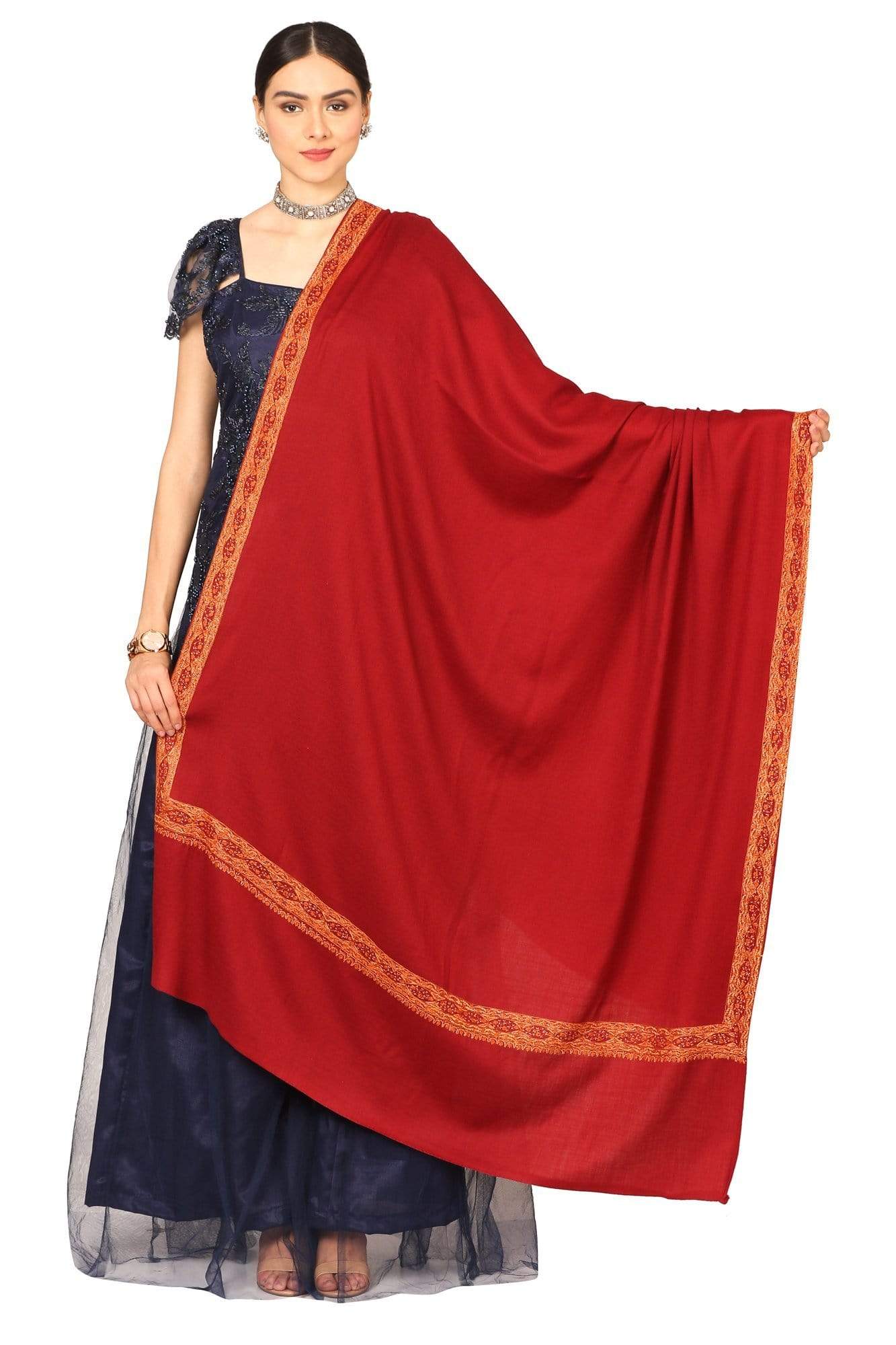 Pashtush India Shawl Pashtush Womens Kashmiri Hand Embroidery Shawl, Border Design With Fine Needlework, Pure Wool Shawls - Maroon