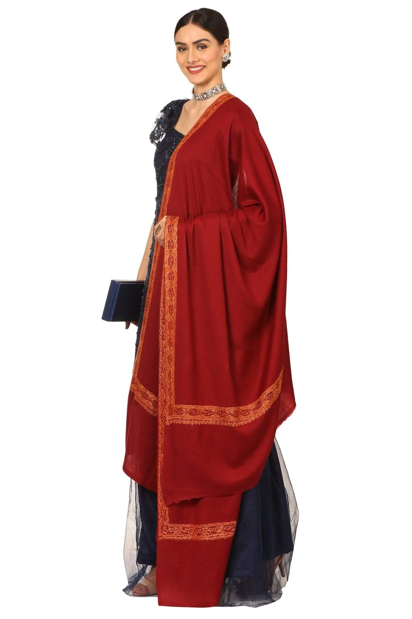 Pashtush India Shawl Pashtush Womens Kashmiri Hand Embroidery Shawl, Border Design With Fine Needlework, Pure Wool Shawls - Maroon
