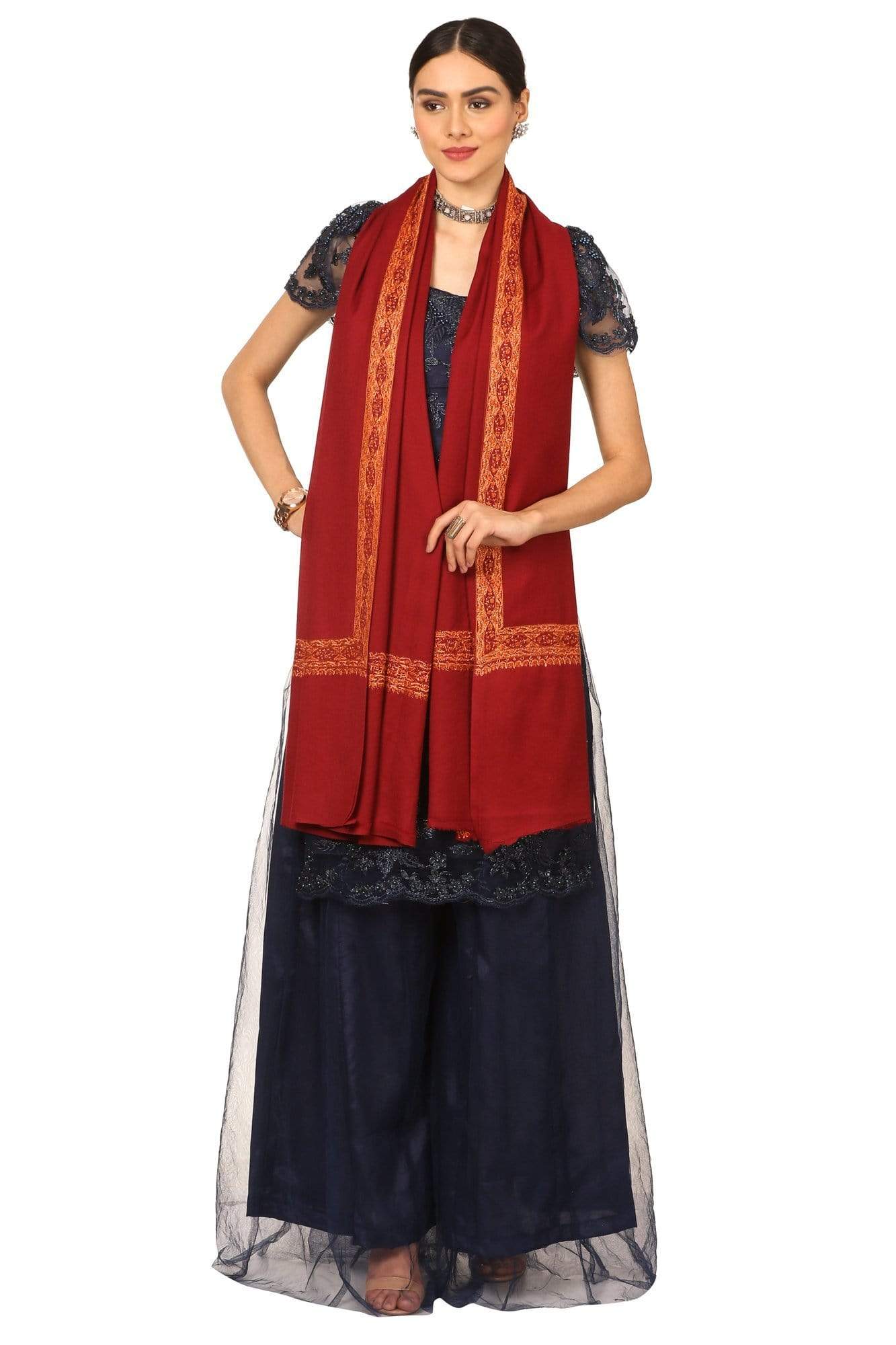 Pashtush India Shawl Pashtush Womens Kashmiri Hand Embroidery Shawl, Border Design With Fine Needlework, Pure Wool Shawls - Maroon