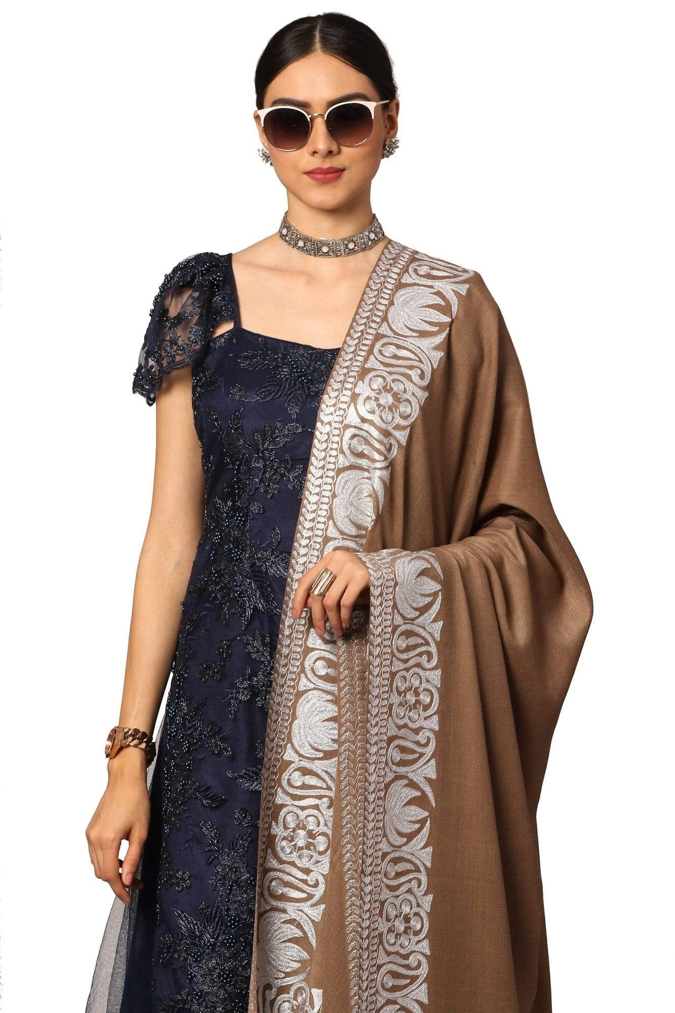 Pashtush India Shawl Pashtush Womens Kashmiri Hand Embroidery Shawl, Border Design With Tilla Zari Work - Beige