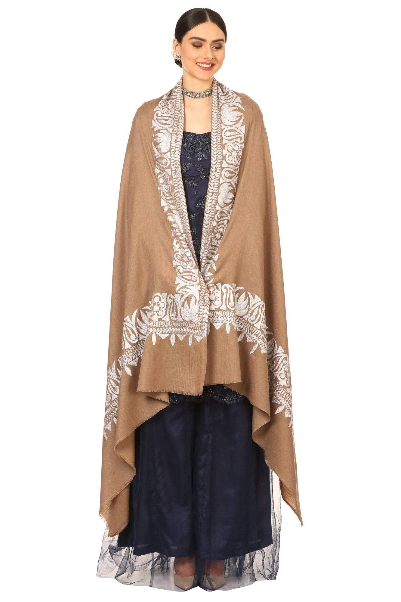 Pashtush India Shawl Pashtush Womens Kashmiri Hand Embroidery Shawl, Border Design With Tilla Zari Work - Beige
