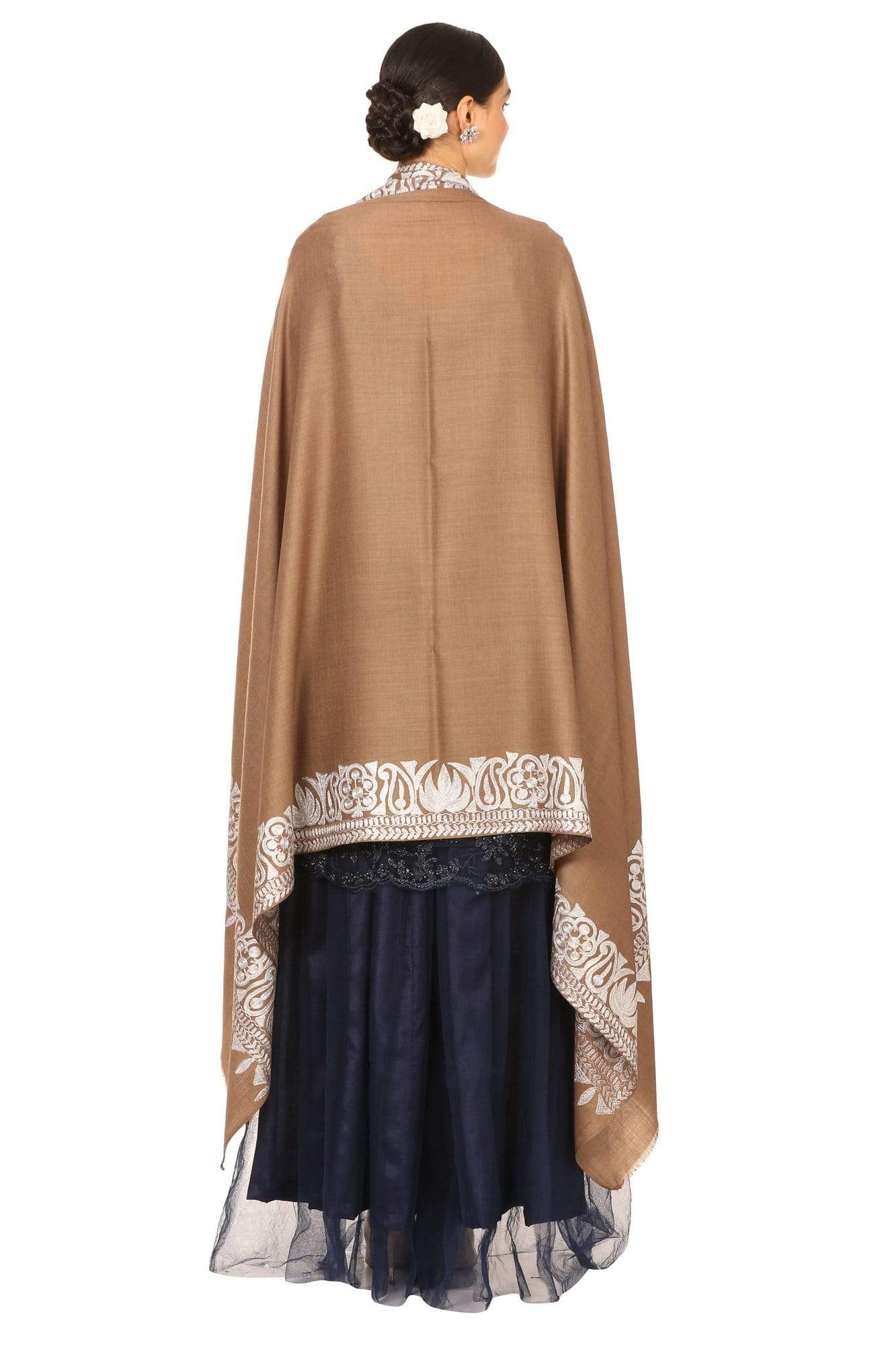 Pashtush India Shawl Pashtush Womens Kashmiri Hand Embroidery Shawl, Border Design With Tilla Zari Work - Beige