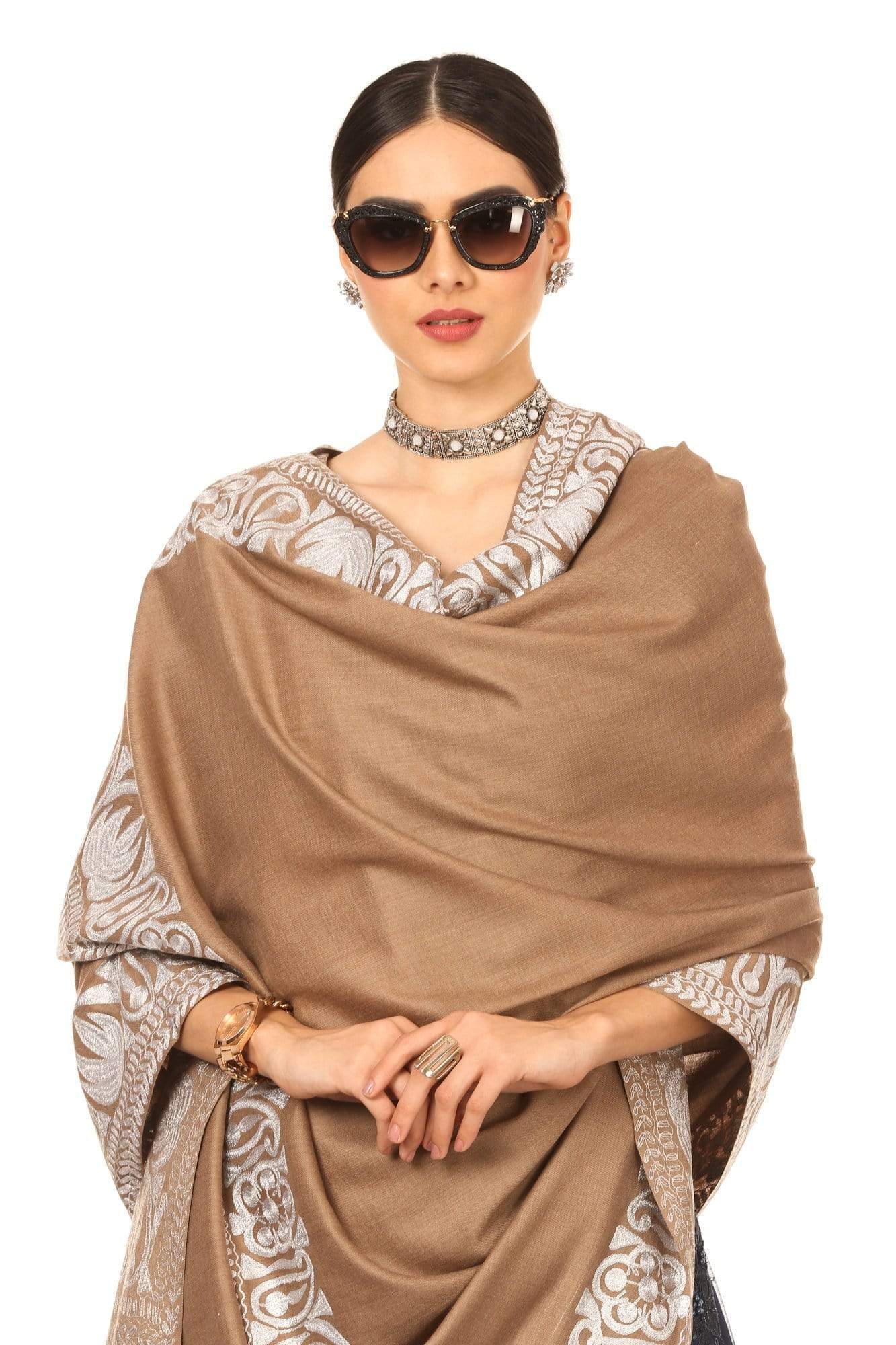 Pashtush India Shawl Pashtush Womens Kashmiri Hand Embroidery Shawl, Border Design With Tilla Zari Work - Beige