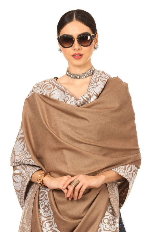 Pashtush India Shawl Pashtush Womens Kashmiri Hand Embroidery Shawl, Border Design With Tilla Zari Work - Beige