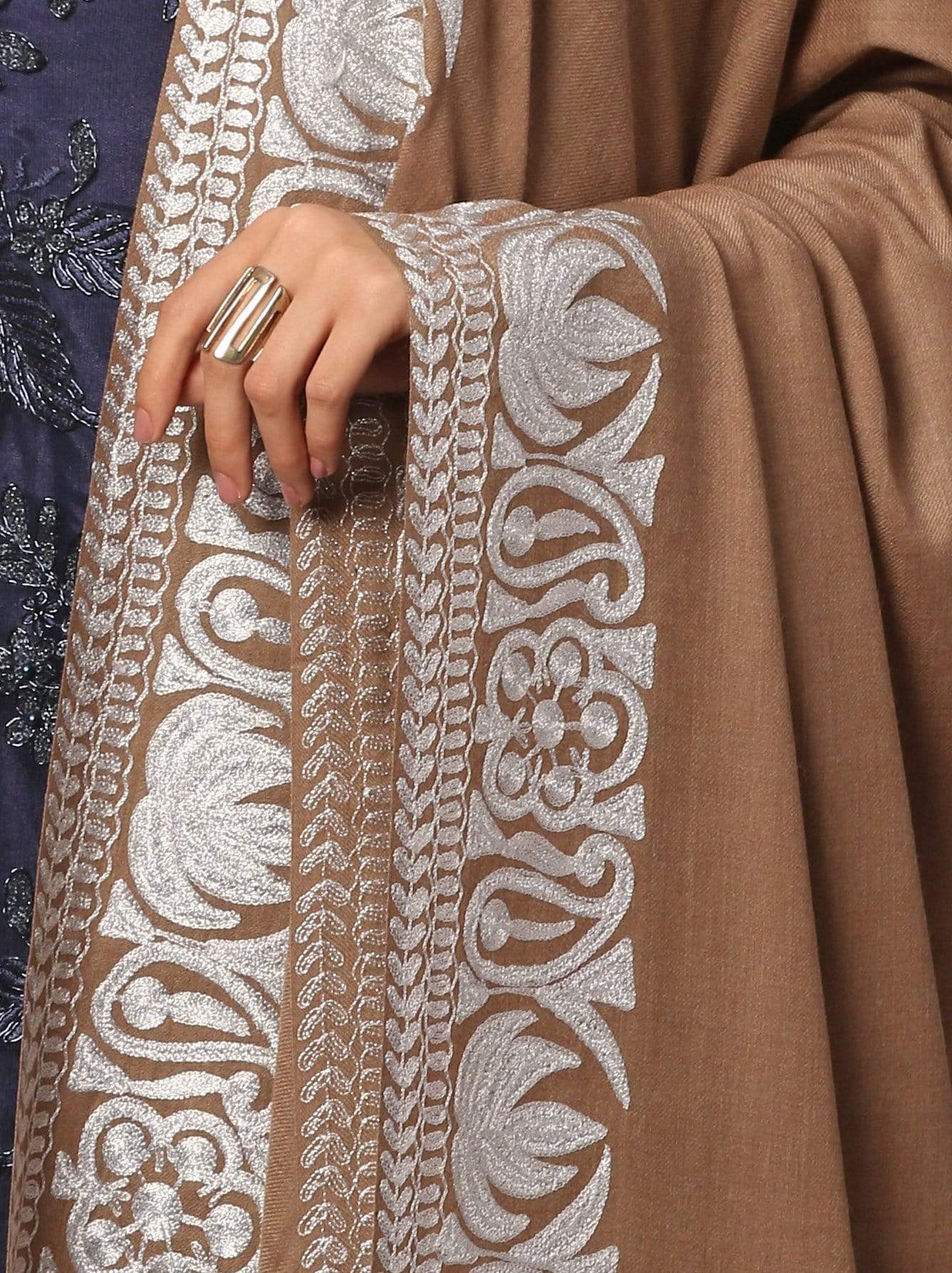 Pashtush India Shawl Pashtush Womens Kashmiri Hand Embroidery Shawl, Border Design With Tilla Zari Work - Beige