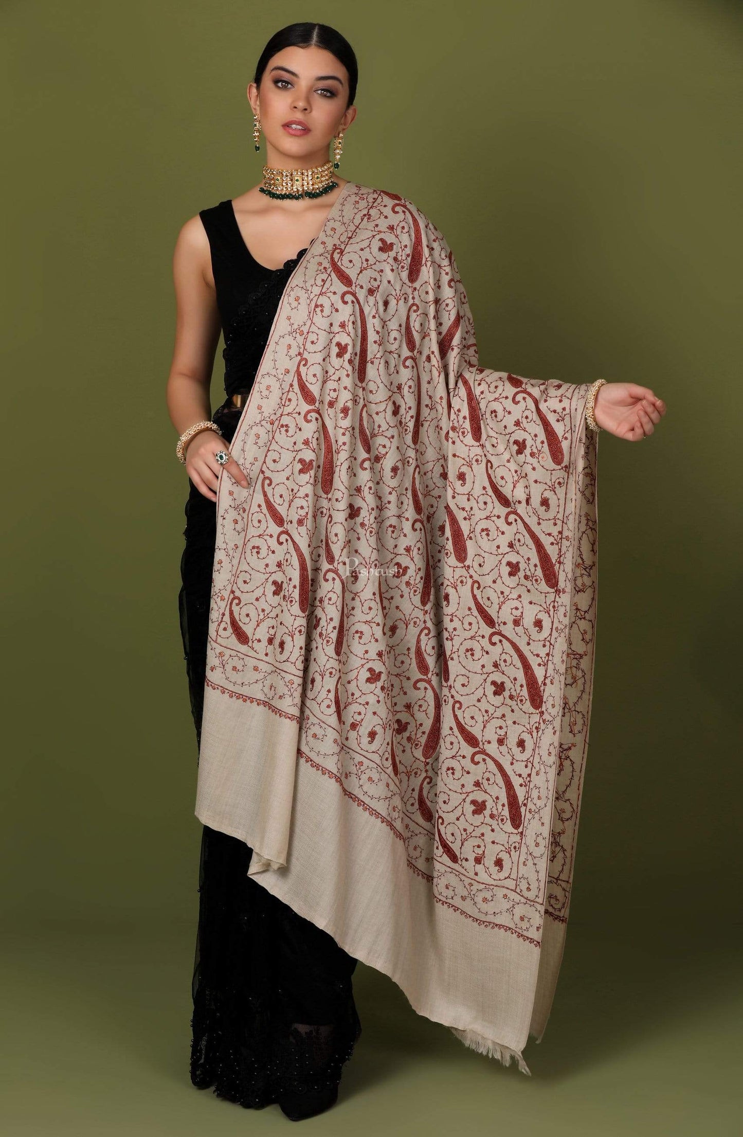 Pashtush India Shawl Pashtush Womens Kashmiri Jaal Embroidery Shawl, Hand Embroidered, Large Size, Natural Beige