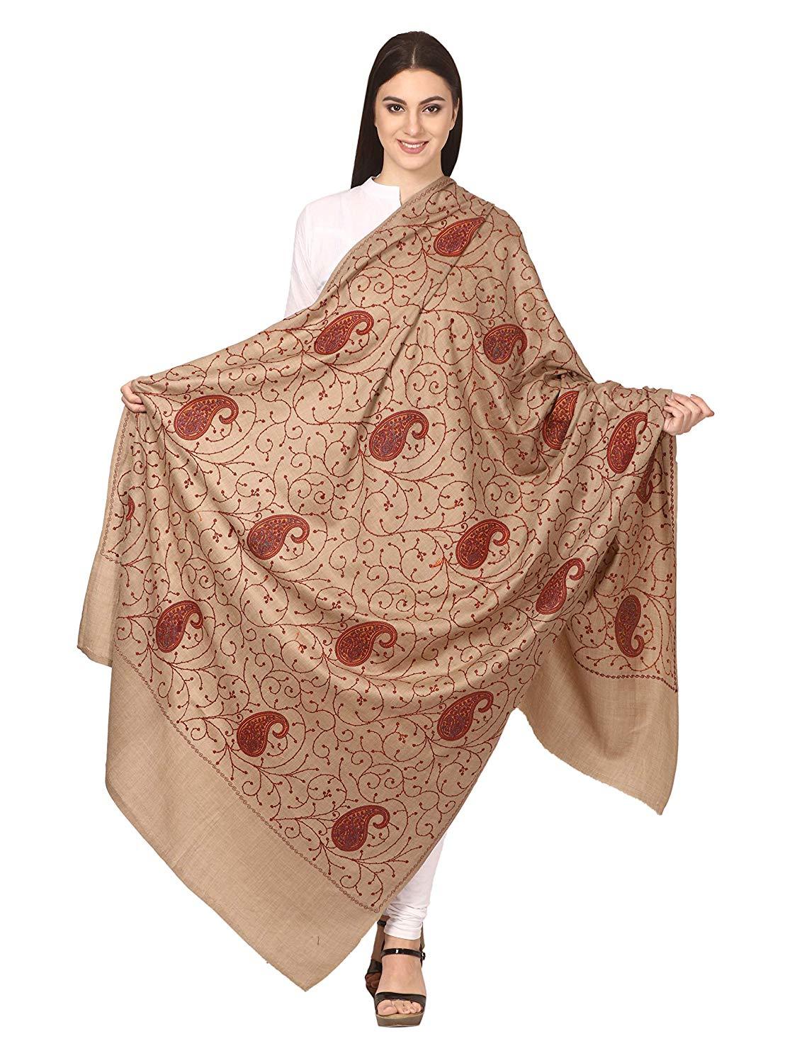 Pashtush India Shawl Pashtush Womens Kashmiri Jaal Embroidery Shawl in Beige