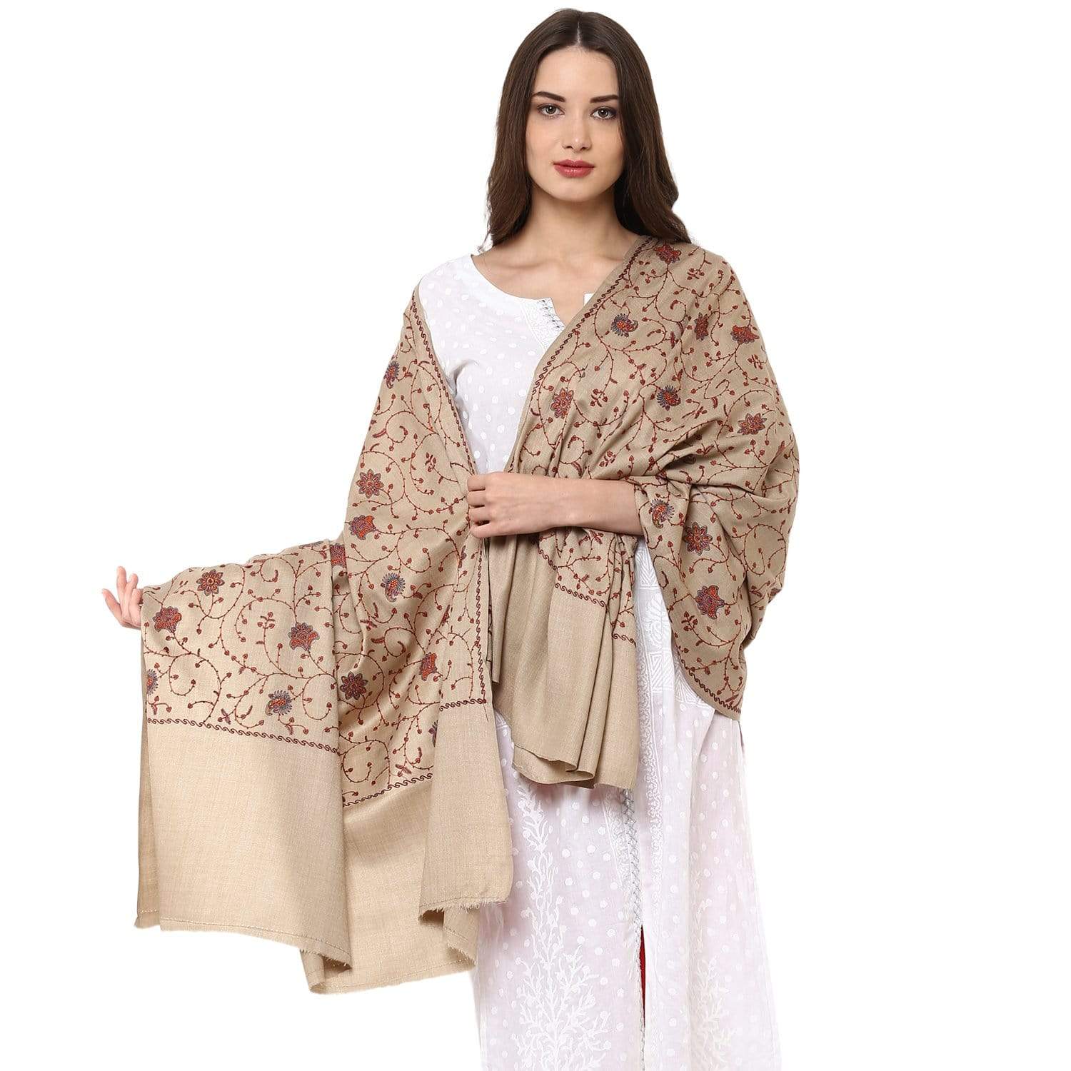 Pashtush India Shawl Pashtush Womens Kashmiri Jaal Embroidery Shawl in Light Beige