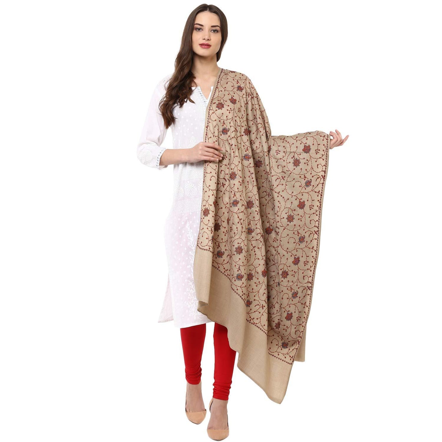 Pashtush India Shawl Pashtush Womens Kashmiri Jaal Embroidery Shawl in Light Beige