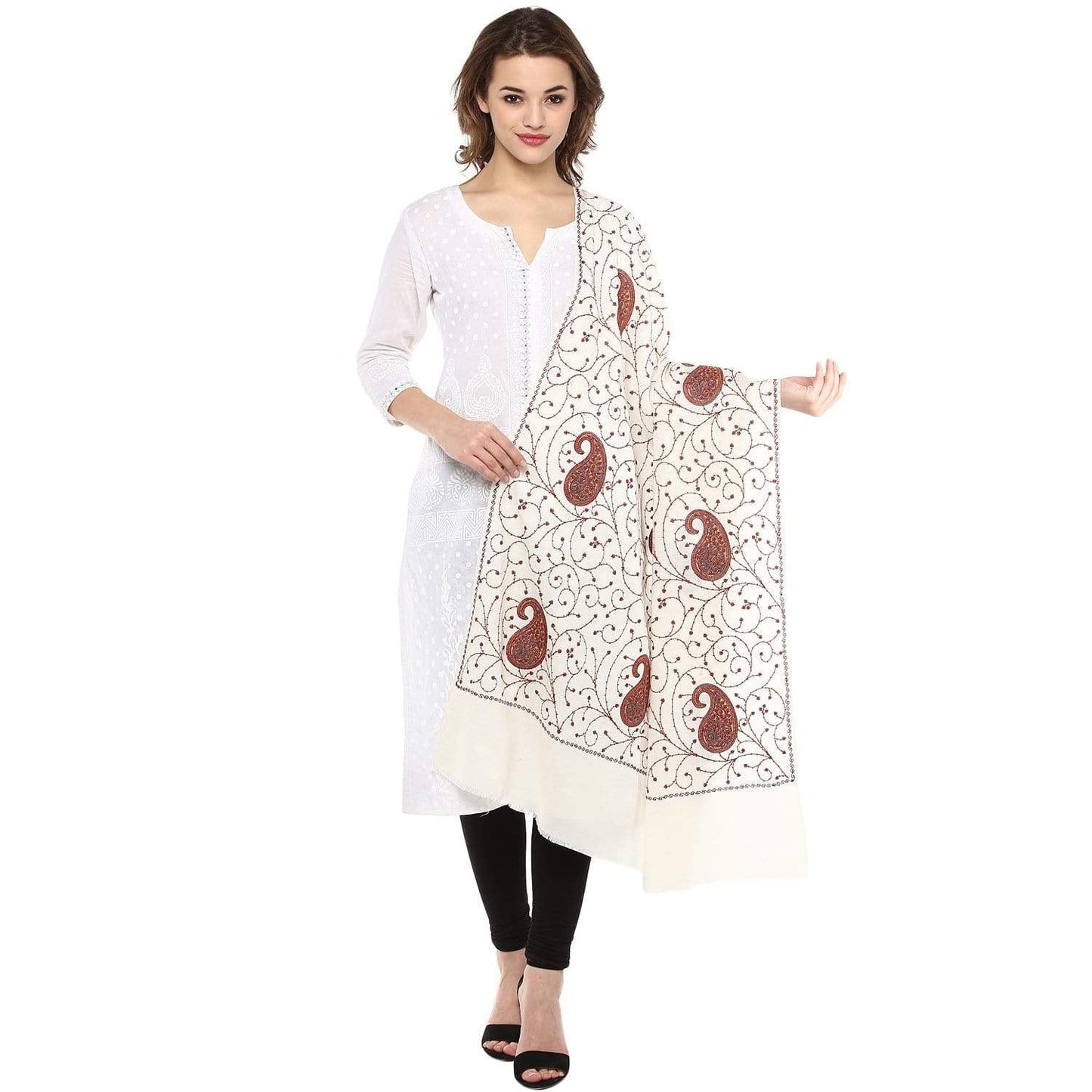 Pashtush India Shawl Pashtush Womens Kashmiri Jaal Embroidery Shawl in White