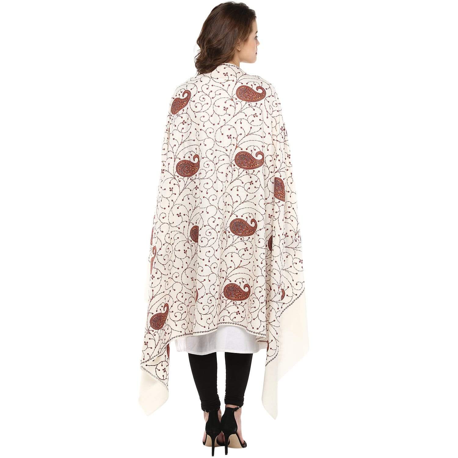 Pashtush India Shawl Pashtush Womens Kashmiri Jaal Embroidery Shawl in White