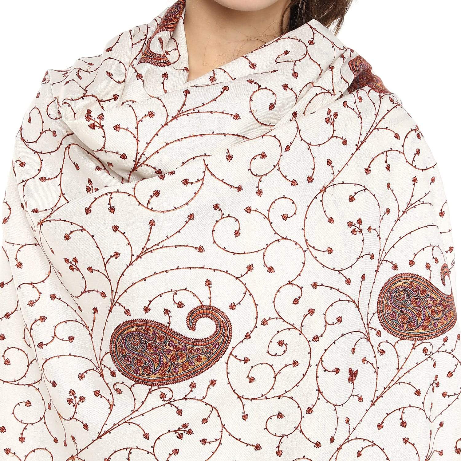 Pashtush India Shawl Pashtush Womens Kashmiri Jaal Embroidery Shawl in White