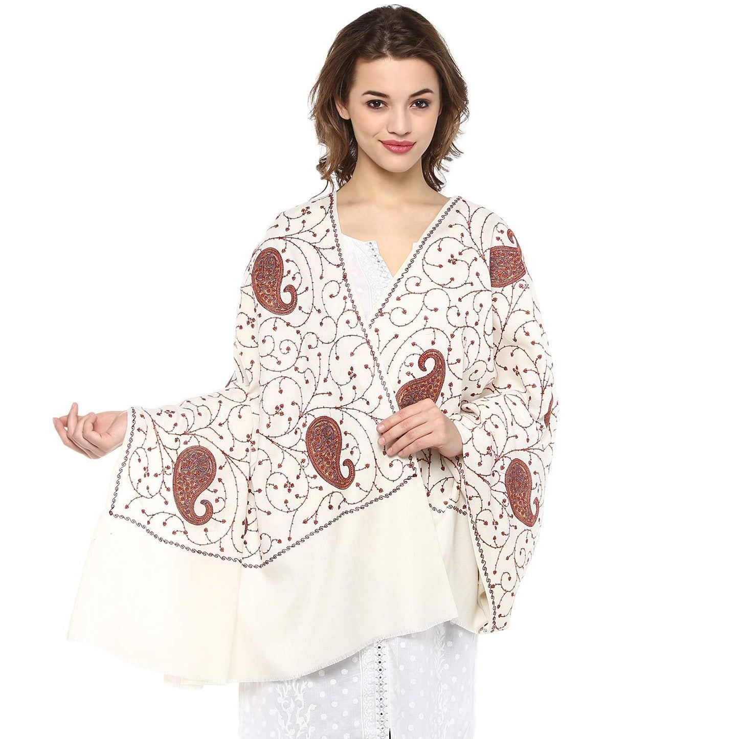Pashtush India Shawl Pashtush Womens Kashmiri Jaal Embroidery Shawl in White
