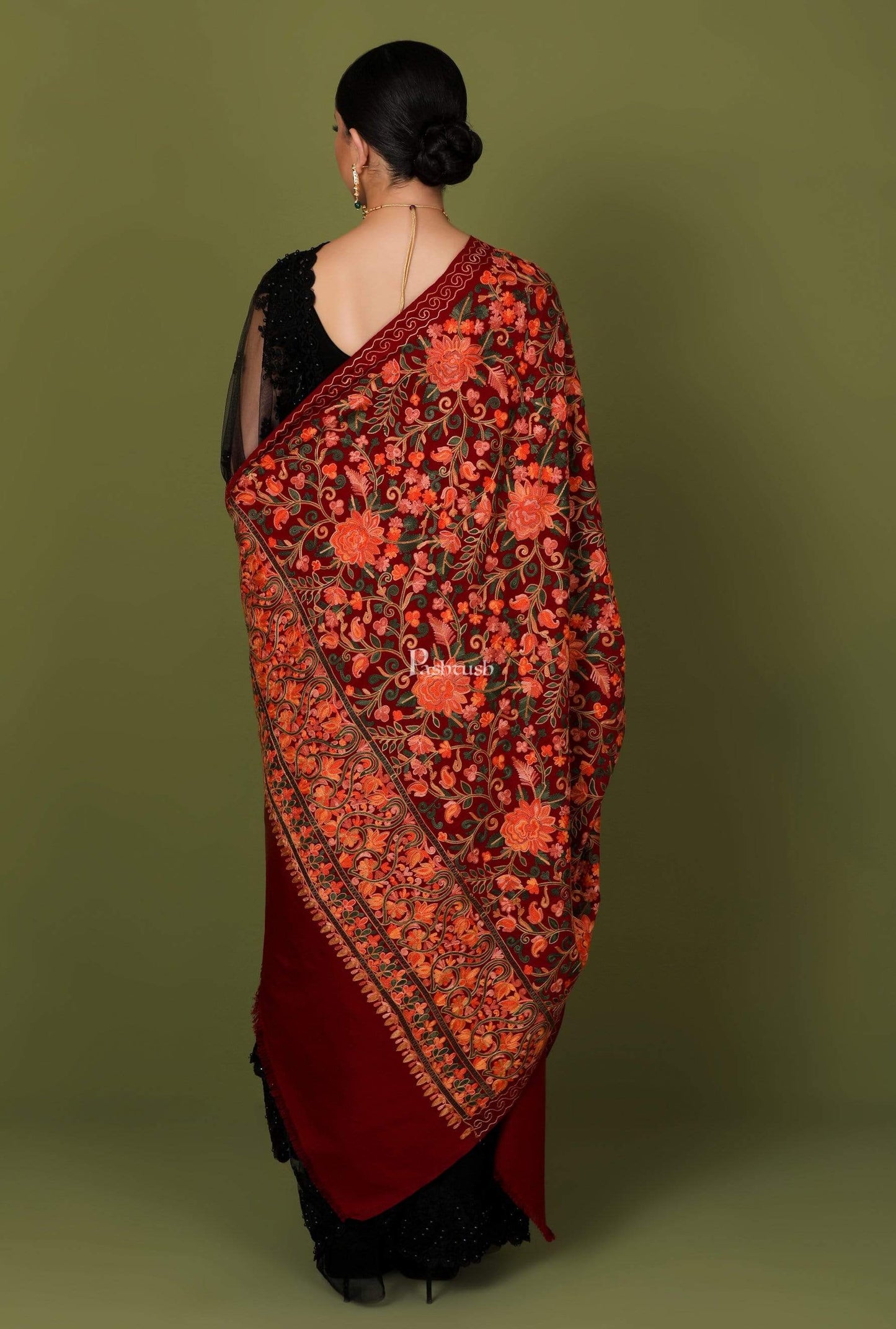Pashtush Store Shawl Pashtush Womens Kashmiri Shawl, Aari Embroidery, Maroon