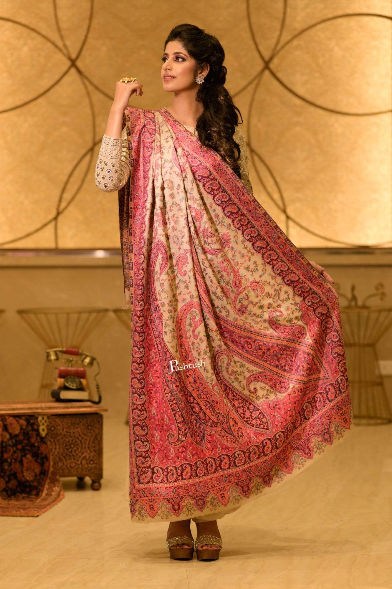 Pashtush India 100x200 Pashtush Womens Kashmiri Shawl,"Rich Garden Aesthic" Design, Inspired by Vintage Jamawar Shawls, Faux Pashmina Shawls, Soft and Warm