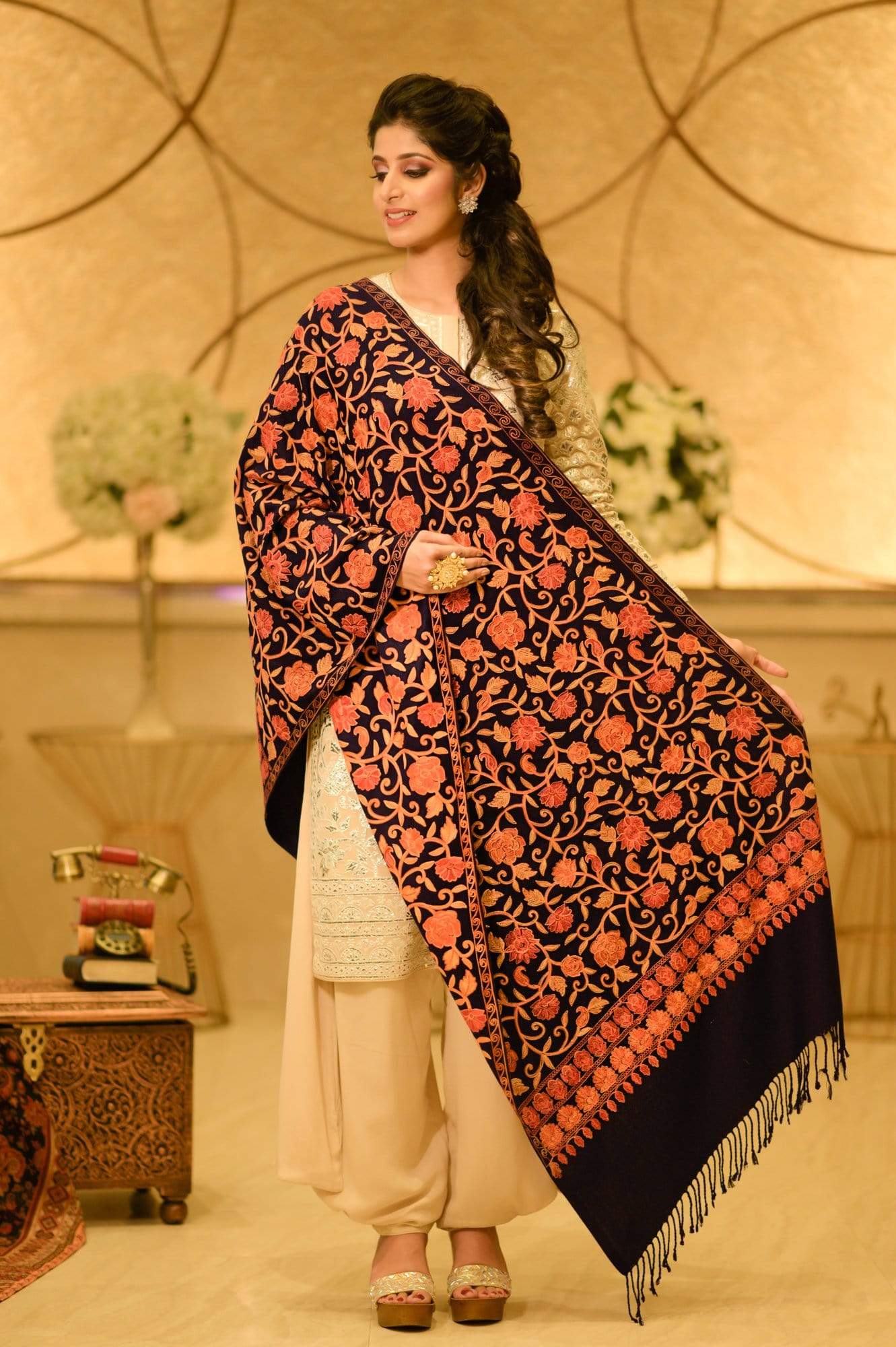 Pashtush Store Stole Pashtush Womens Kashmiri Stole, Aari Embroidery, Navy Blue