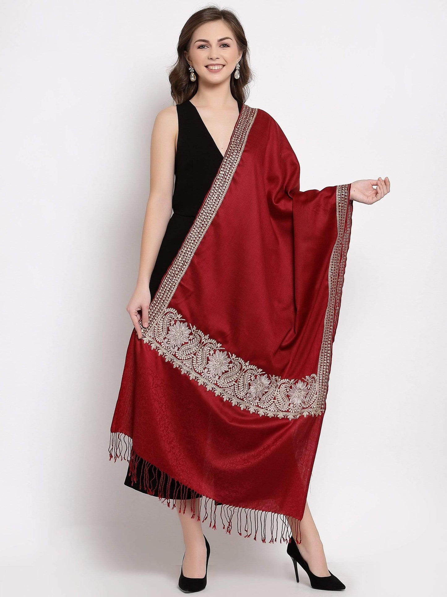Pashtush India 70x200 Pashtush Womens Kashmiri Tilla Work Embroidery Stole, Extra Fine Needlework, Crimson