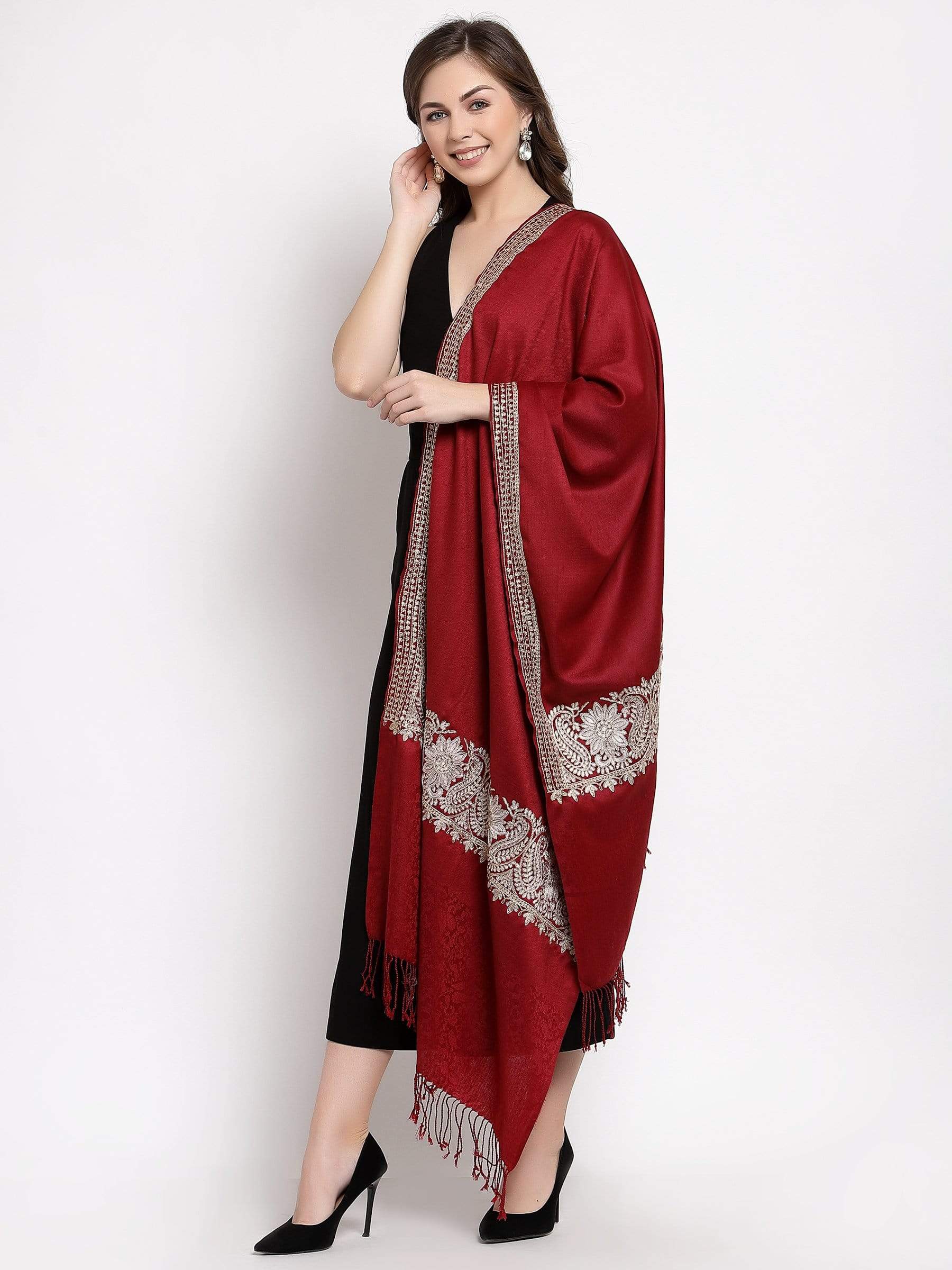 Pashtush India 70x200 Pashtush Womens Kashmiri Tilla Work Embroidery Stole, Extra Fine Needlework, Crimson