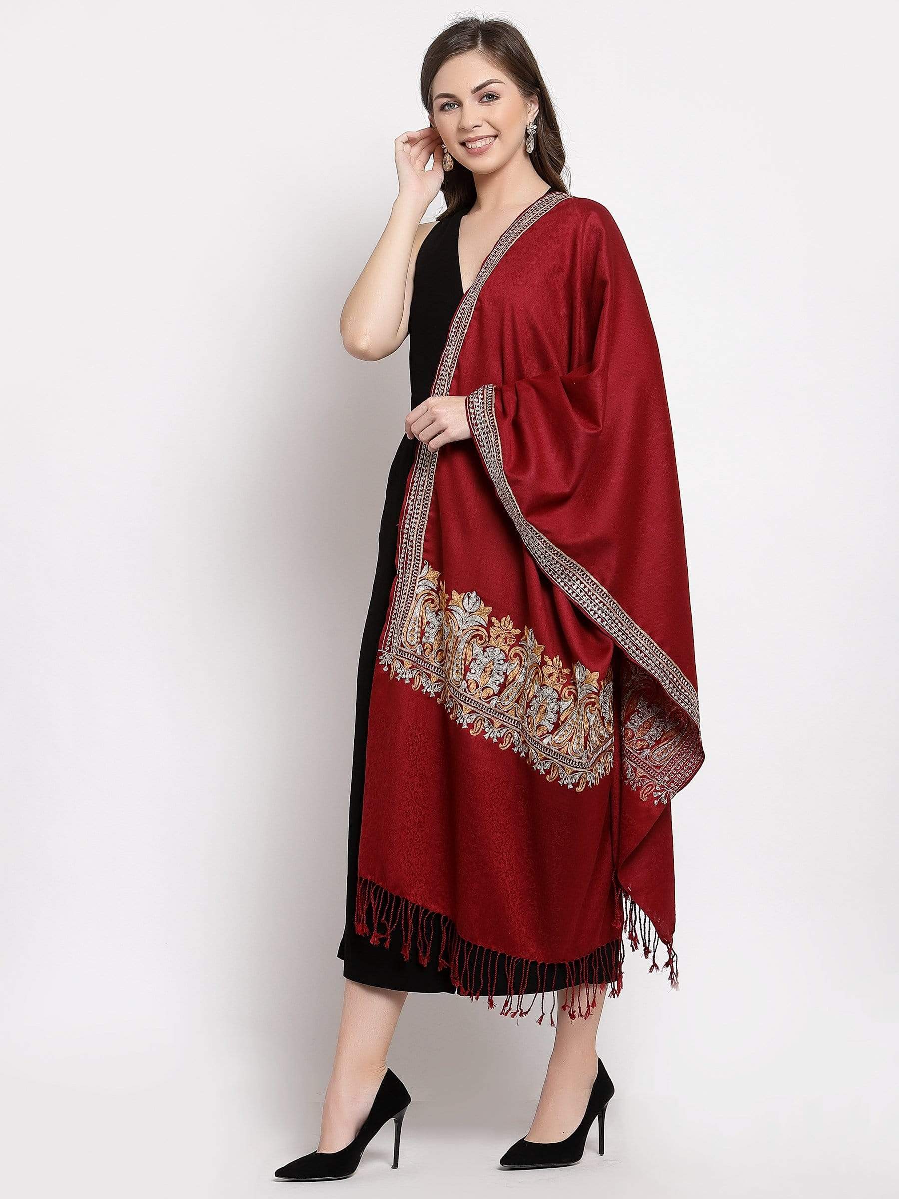 Pashtush India 70x200 Pashtush Womens Kashmiri Tilla Work Embroidery Stole, Extra Fine Needlework, Crimson