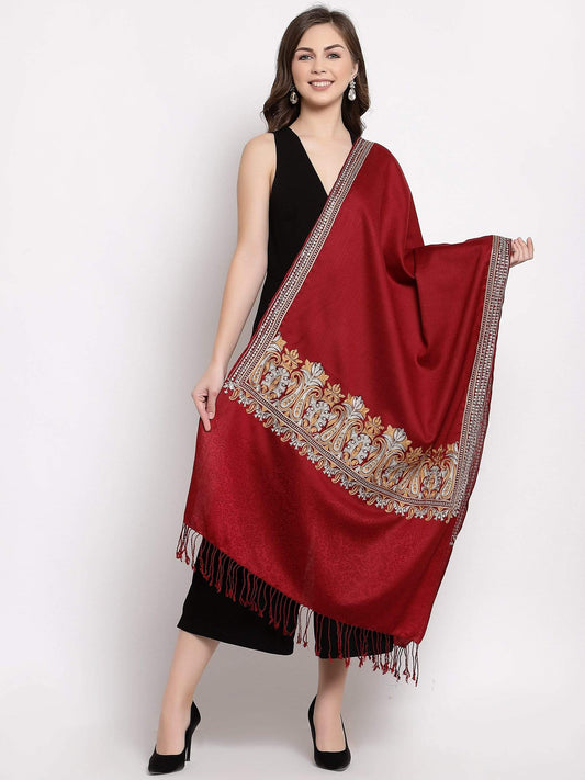 Pashtush India 70x200 Pashtush Womens Kashmiri Tilla Work Embroidery Stole, Extra Fine Needlework, Crimson