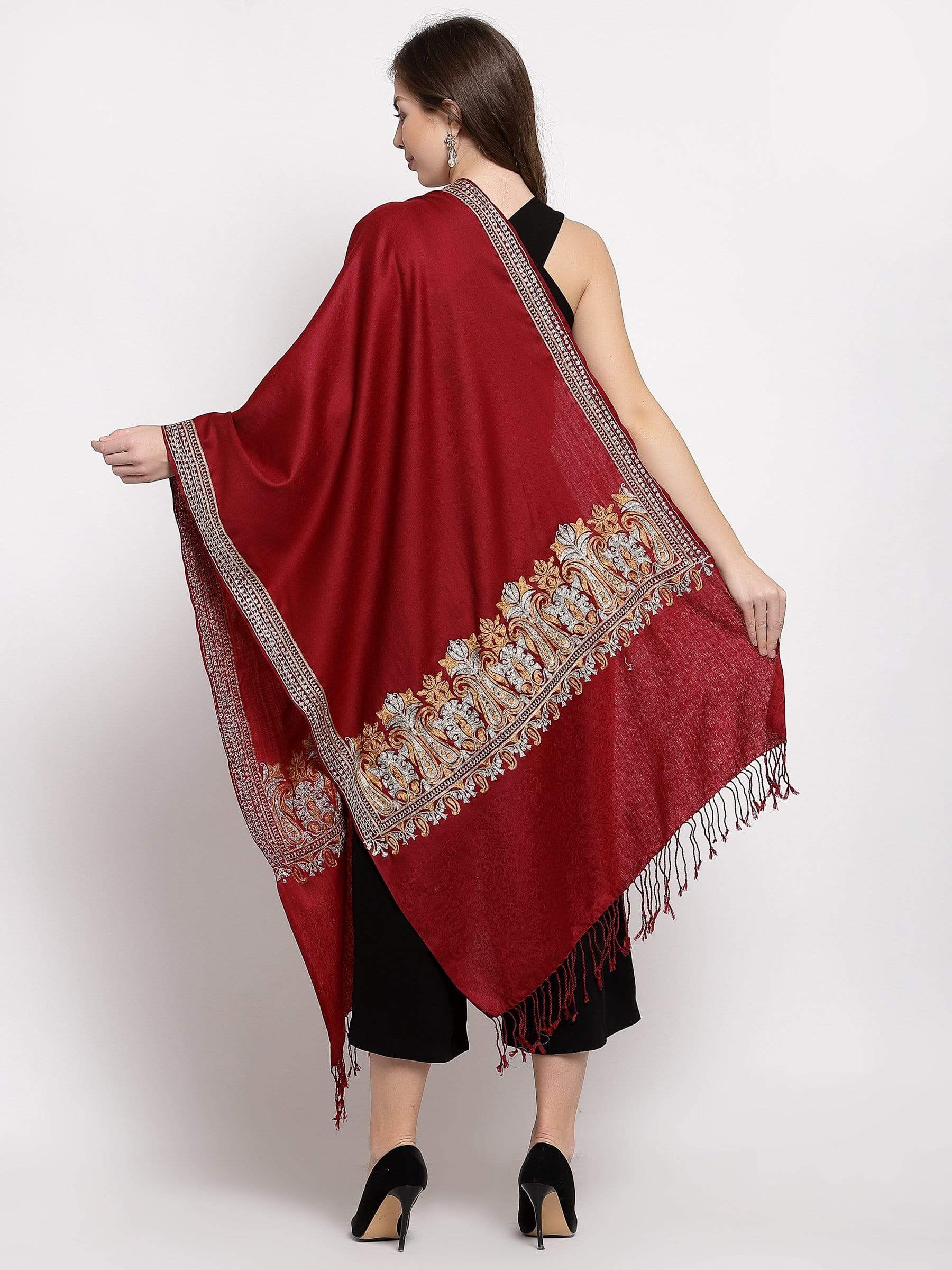 Pashtush India 70x200 Pashtush Womens Kashmiri Tilla Work Embroidery Stole, Extra Fine Needlework, Crimson