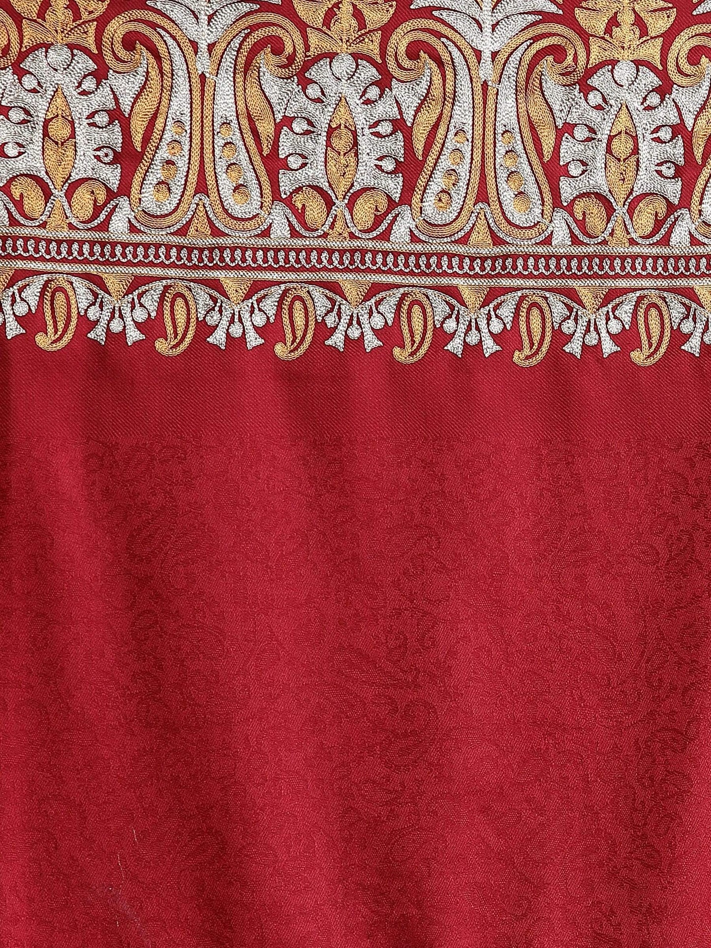 Pashtush India 70x200 Pashtush Womens Kashmiri Tilla Work Embroidery Stole, Extra Fine Needlework, Crimson