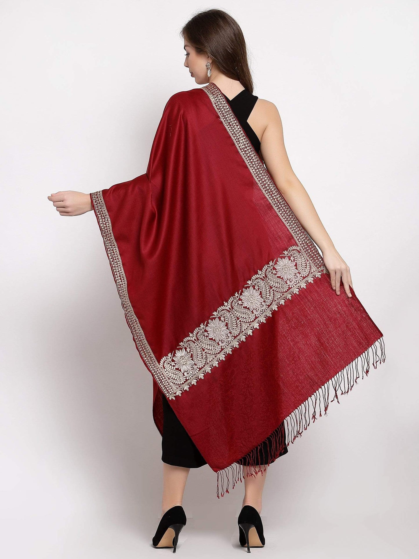 Pashtush India 70x200 Pashtush Womens Kashmiri Tilla Work Embroidery Stole, Extra Fine Needlework, Crimson