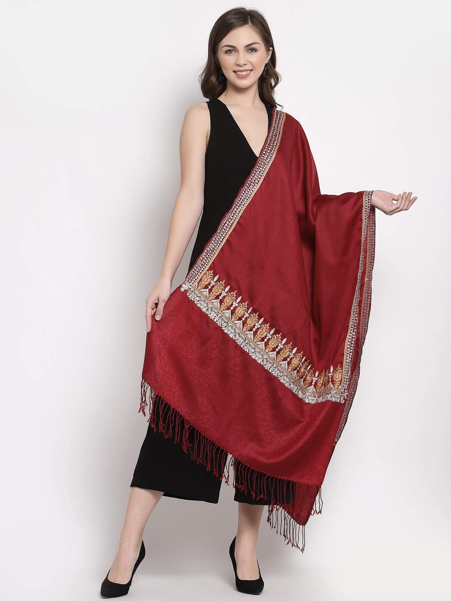 Pashtush India 70x200 Pashtush Womens Kashmiri Tilla Work Embroidery Stole, Extra Fine Needlework, Maroon