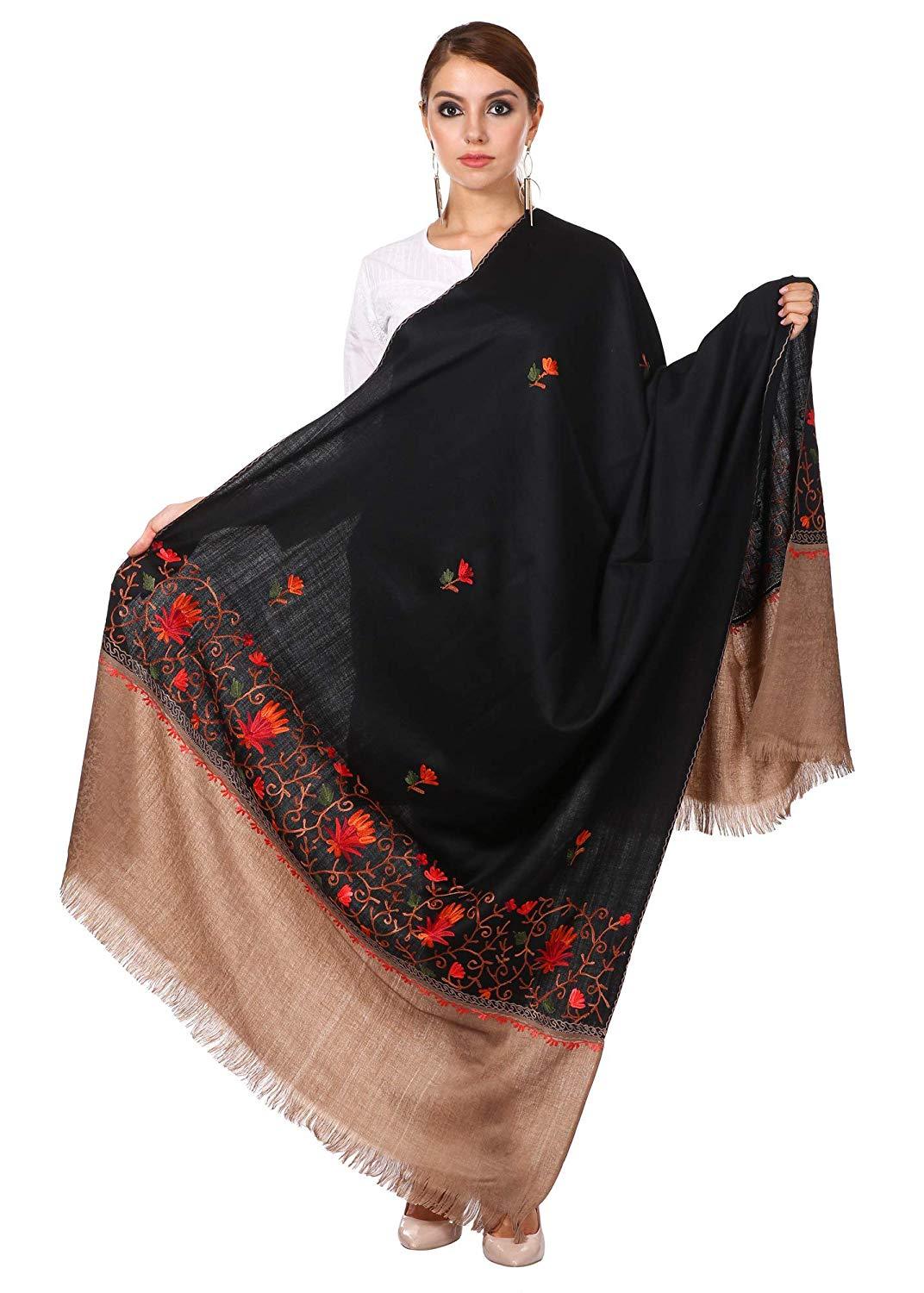 Pashtush Shawl Store Shawl Pashtush Womens Kashmiri Wool Shawl with 100% Hand Embroidery, Aari Silken thread work on fine wool