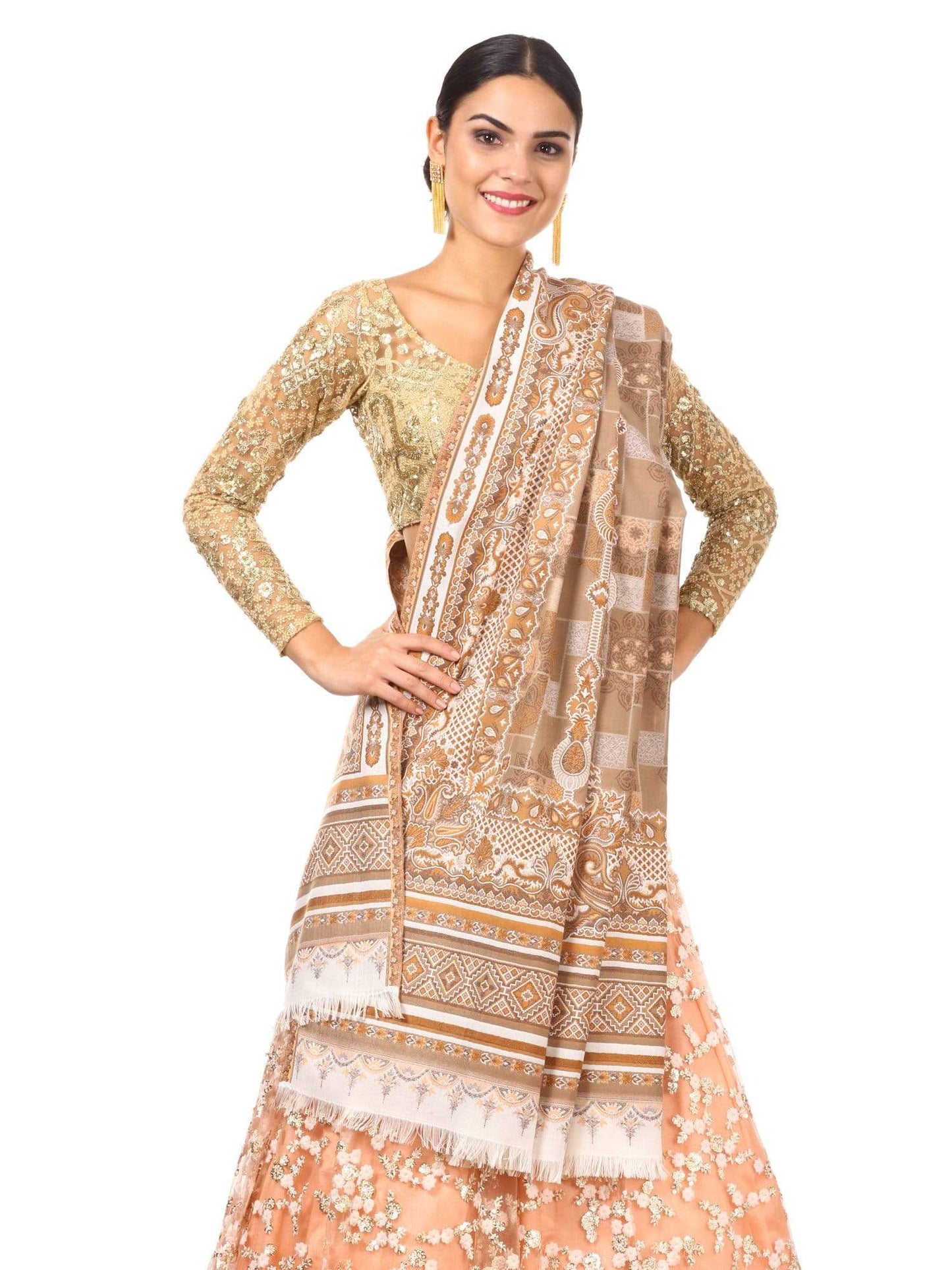 Pashtush Shawl Store Shawl Pashtush Womens Kullu Jamawar Shawl, Faux Pashmina - Beige