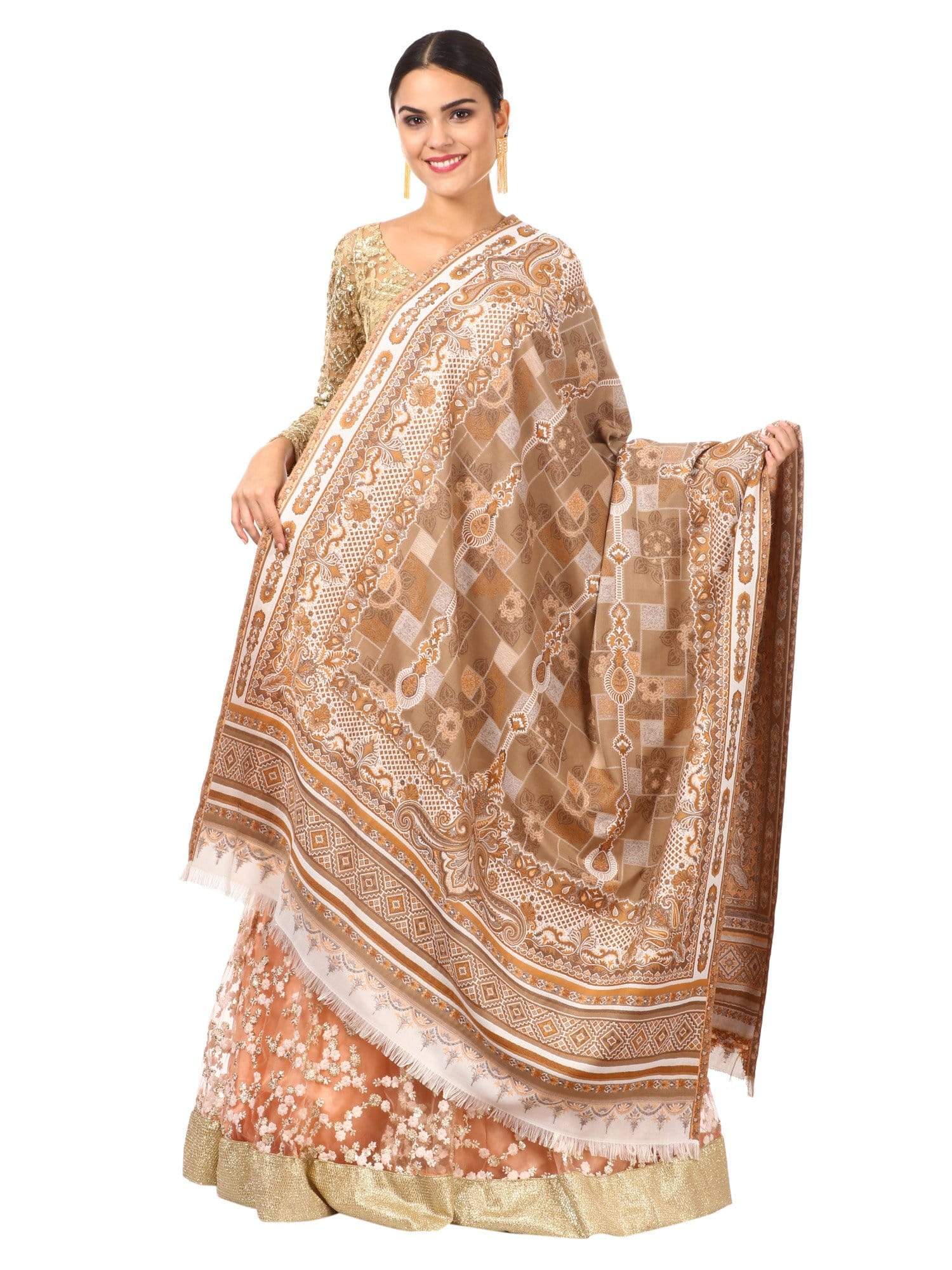 Pashtush Shawl Store Shawl Pashtush Womens Kullu Jamawar Shawl, Faux Pashmina - Beige