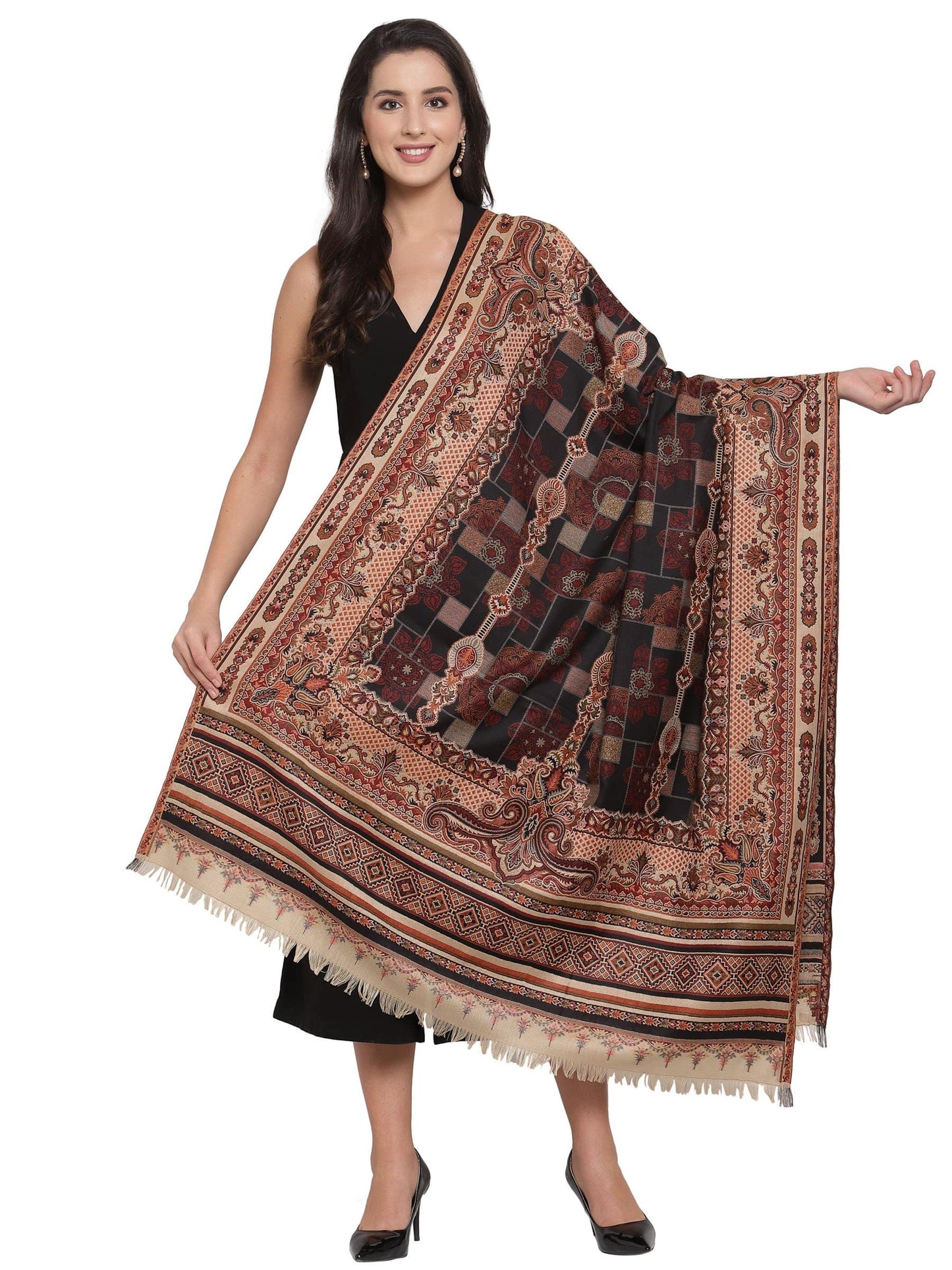Pashtush India 100x200 Pashtush Womens Kullu Jamawar Shawl, Faux Pashmina -Black