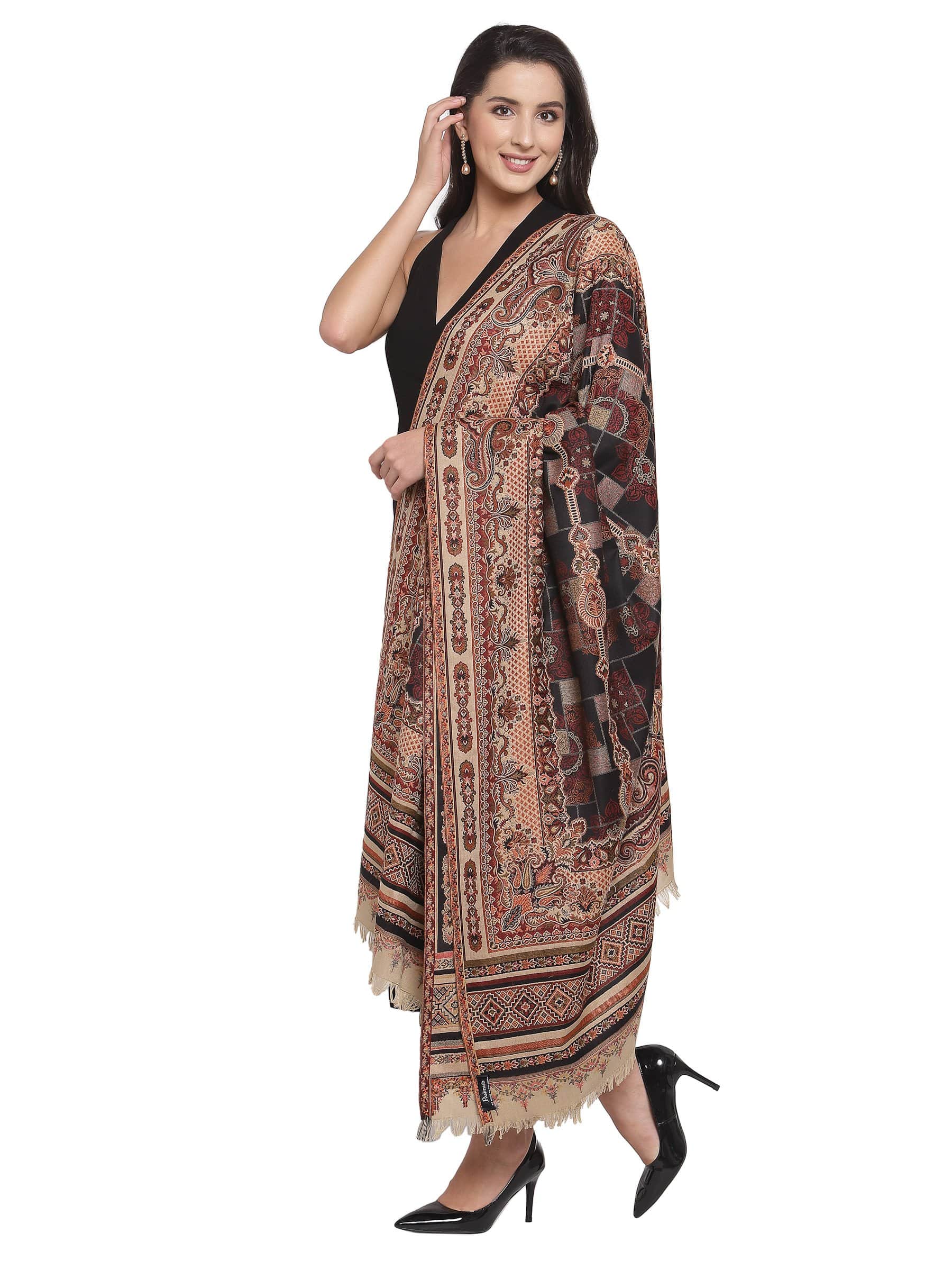 Pashtush India 100x200 Pashtush Womens Kullu Jamawar Shawl, Faux Pashmina -Black