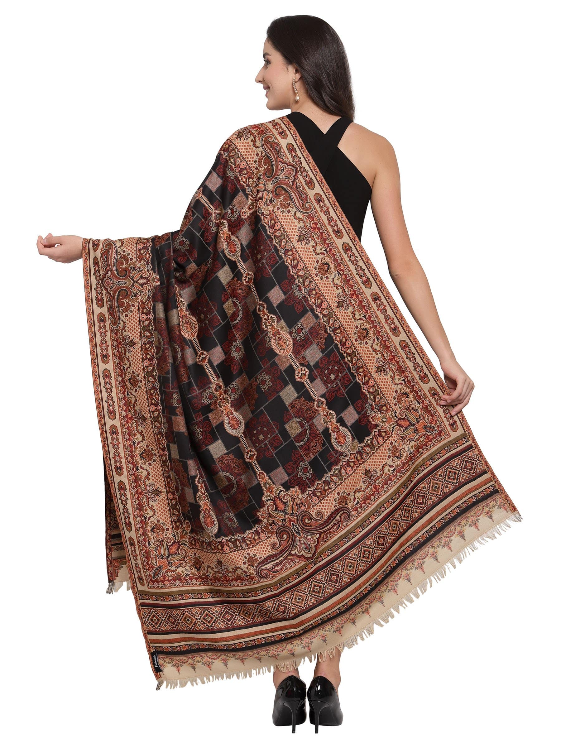 Pashtush India 100x200 Pashtush Womens Kullu Jamawar Shawl, Faux Pashmina -Black